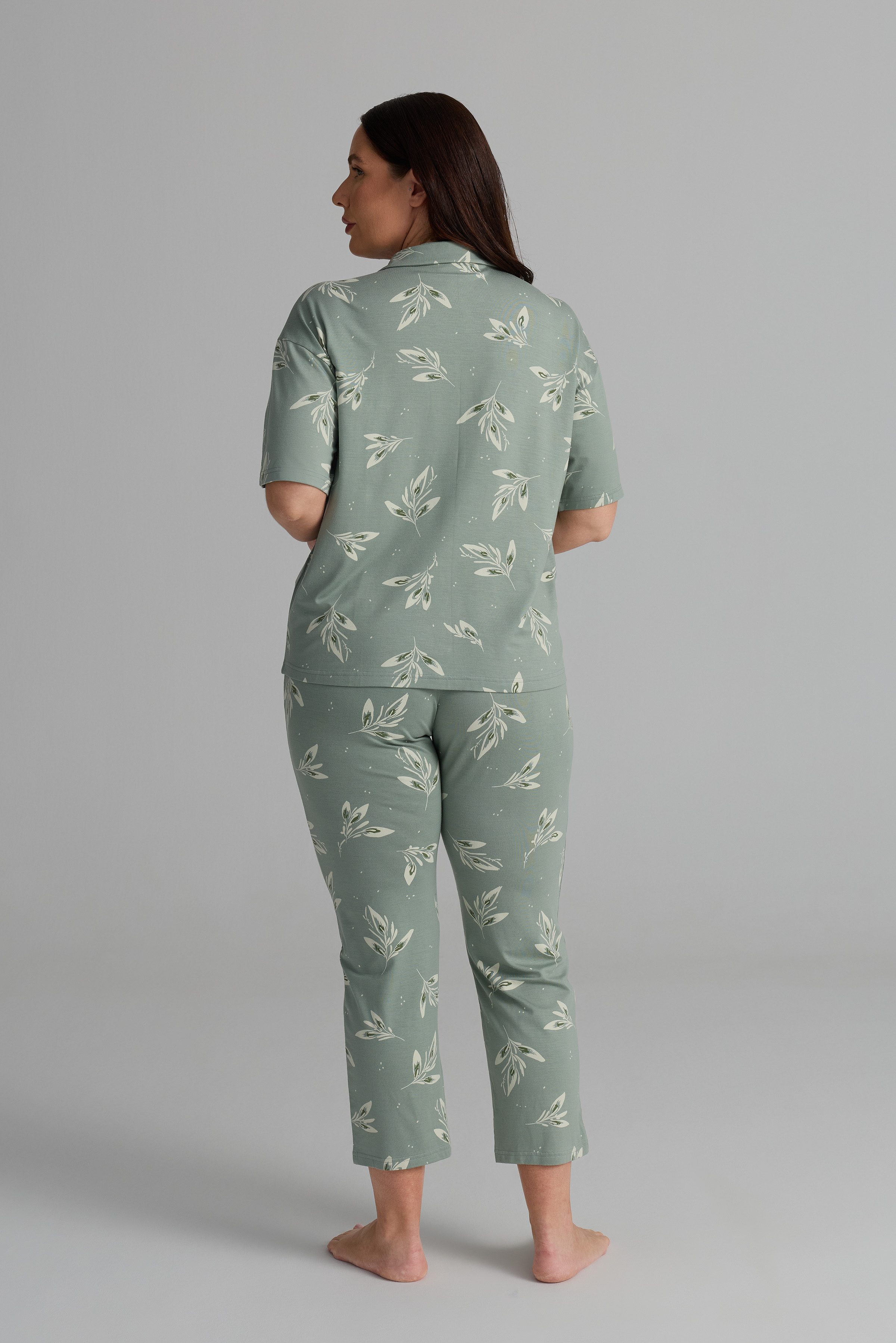 Kadın Plus Size Viskon Kısa Kollu Gömlek Uzun Pijama Takımı