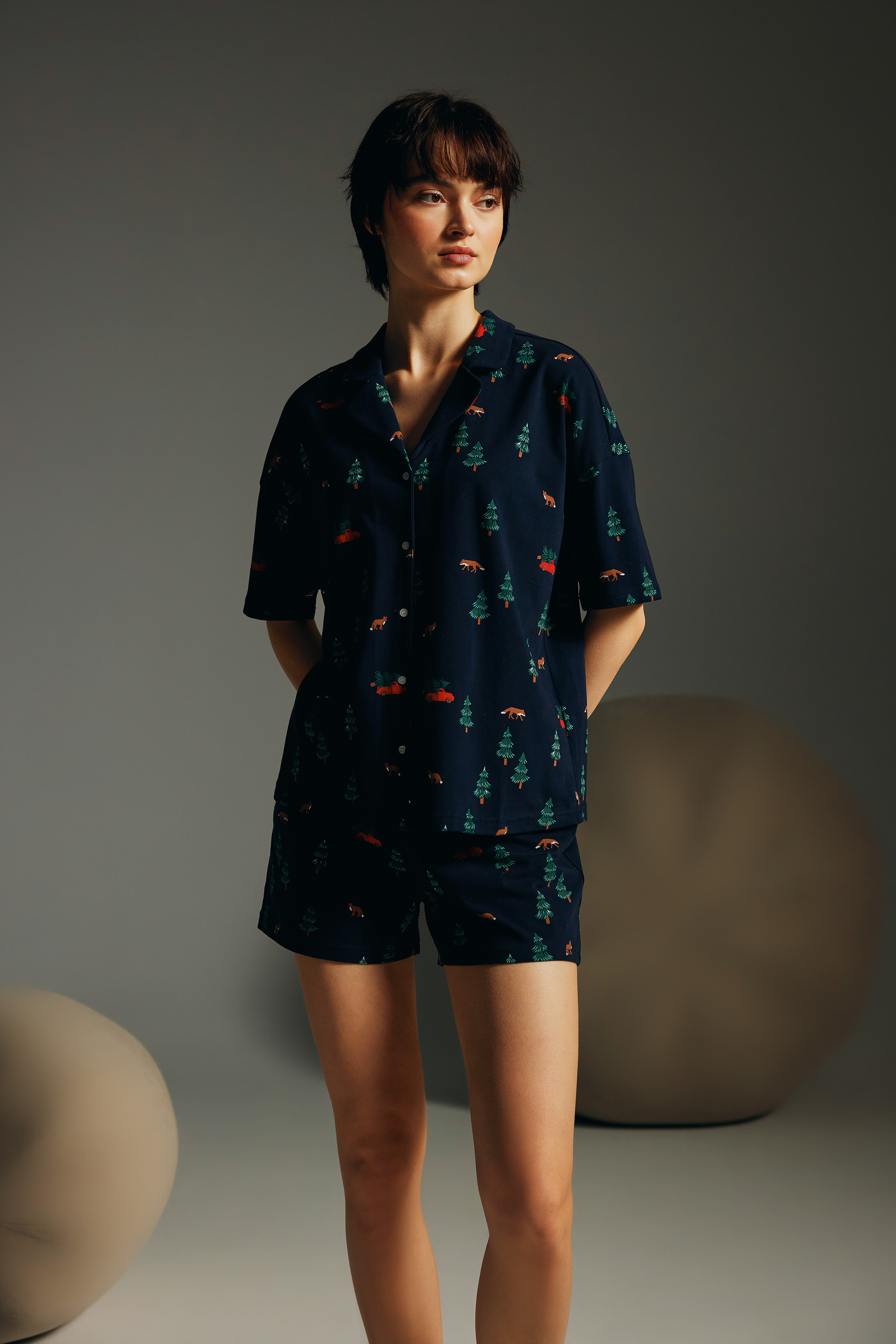 Kadın Pamuklu Kısa Kollu Gömlek Pijama Üstü