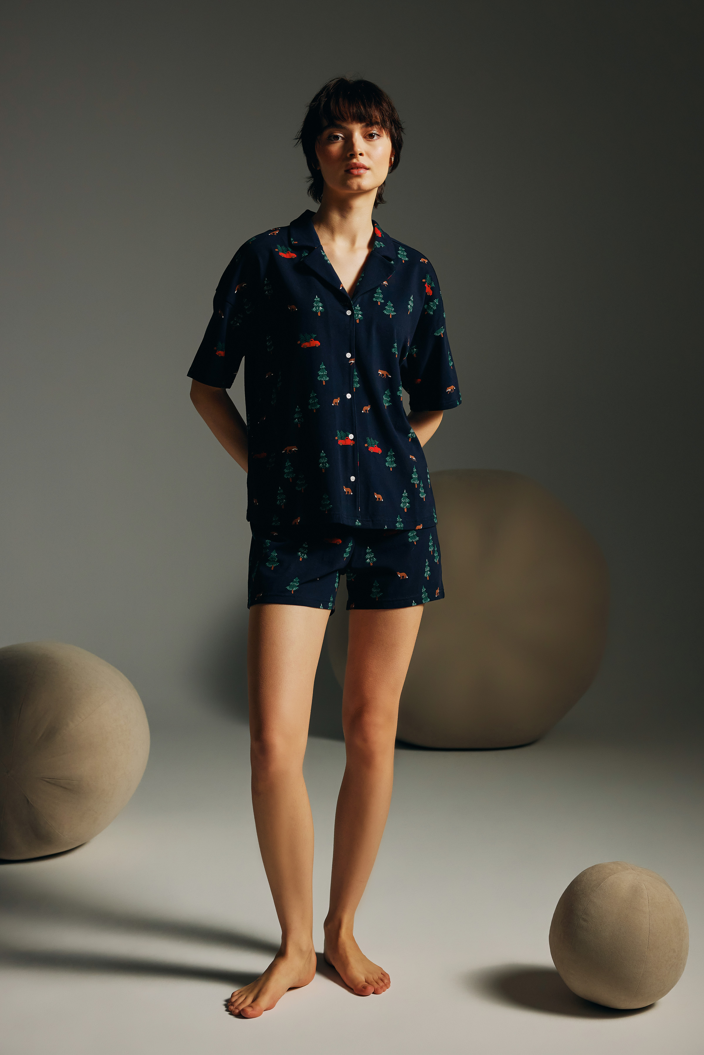 Kadın Pamuklu Kısa Kollu Gömlek Şortlu Pijama Takımı