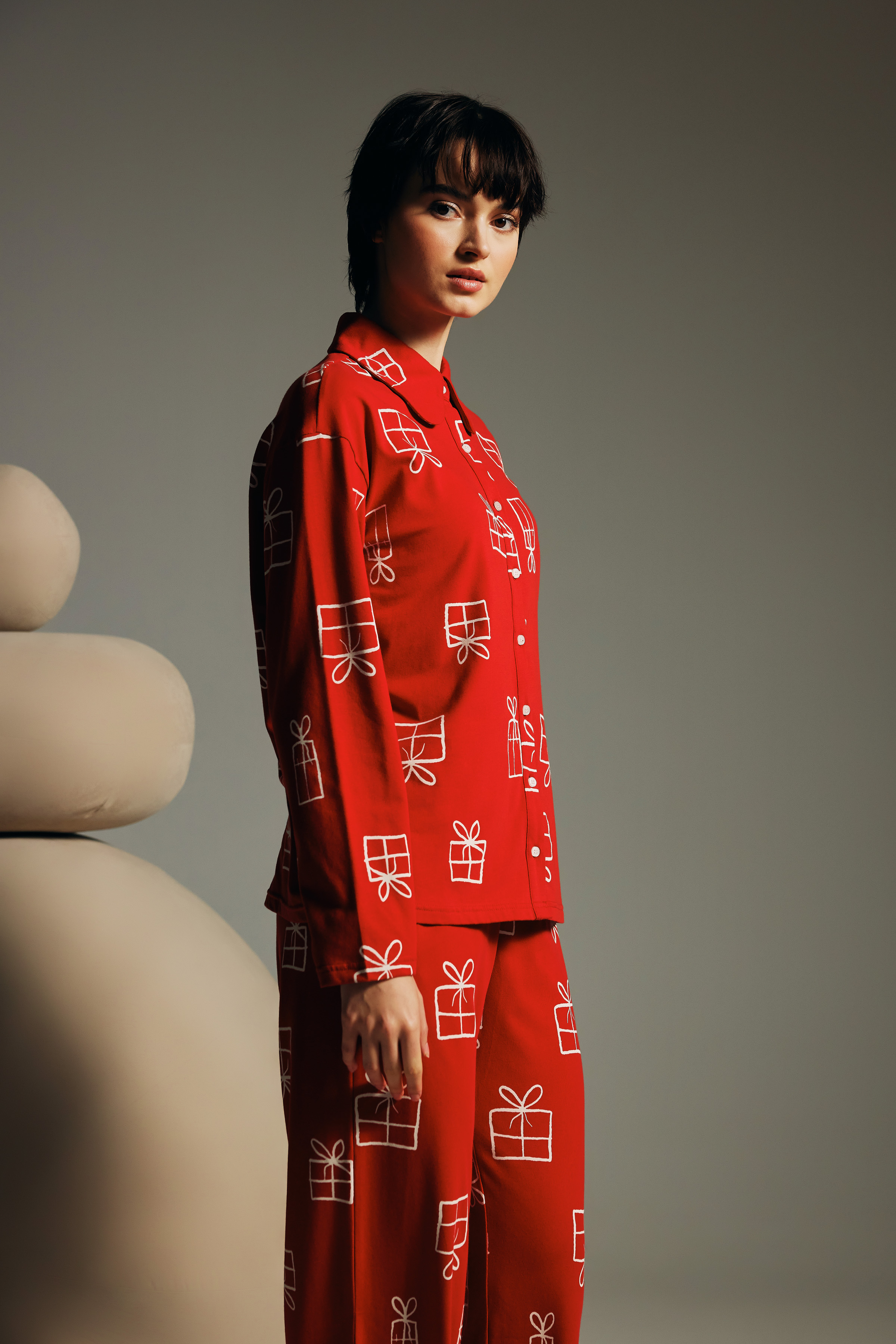 Kadın Pamuklu Uzun Kollu Gömlek Pijama Üstü