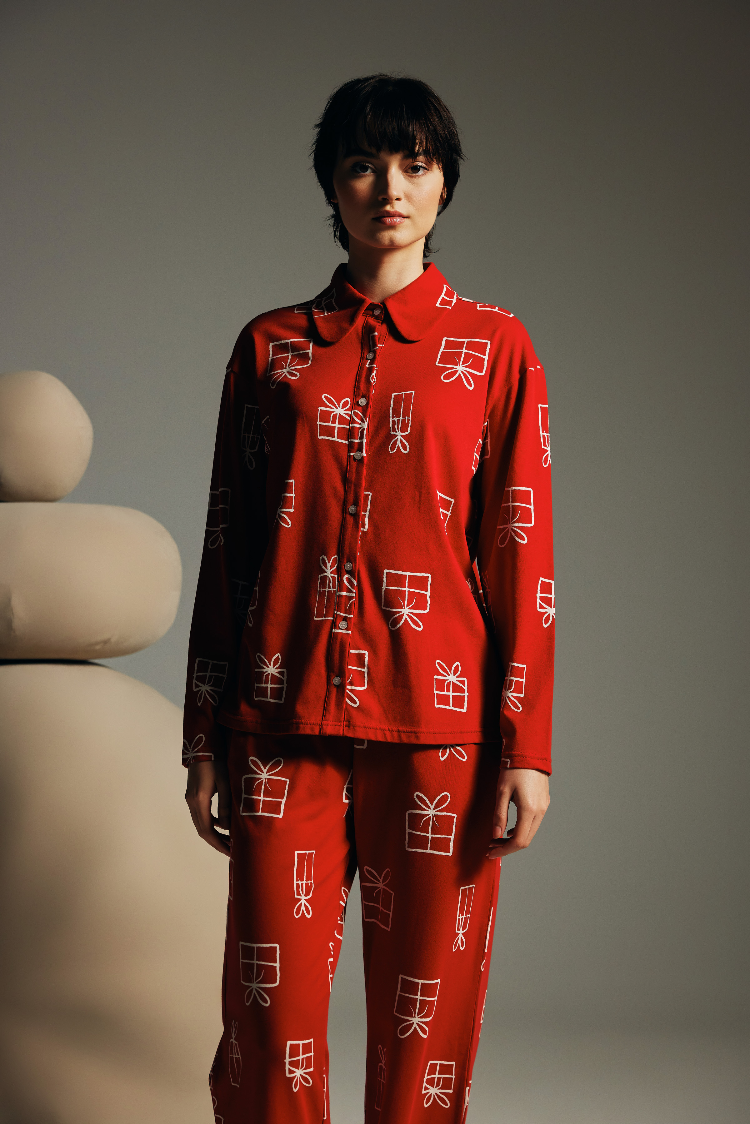 Kadın Pamuklu Uzun Kollu Gömlek Pijama Üstü