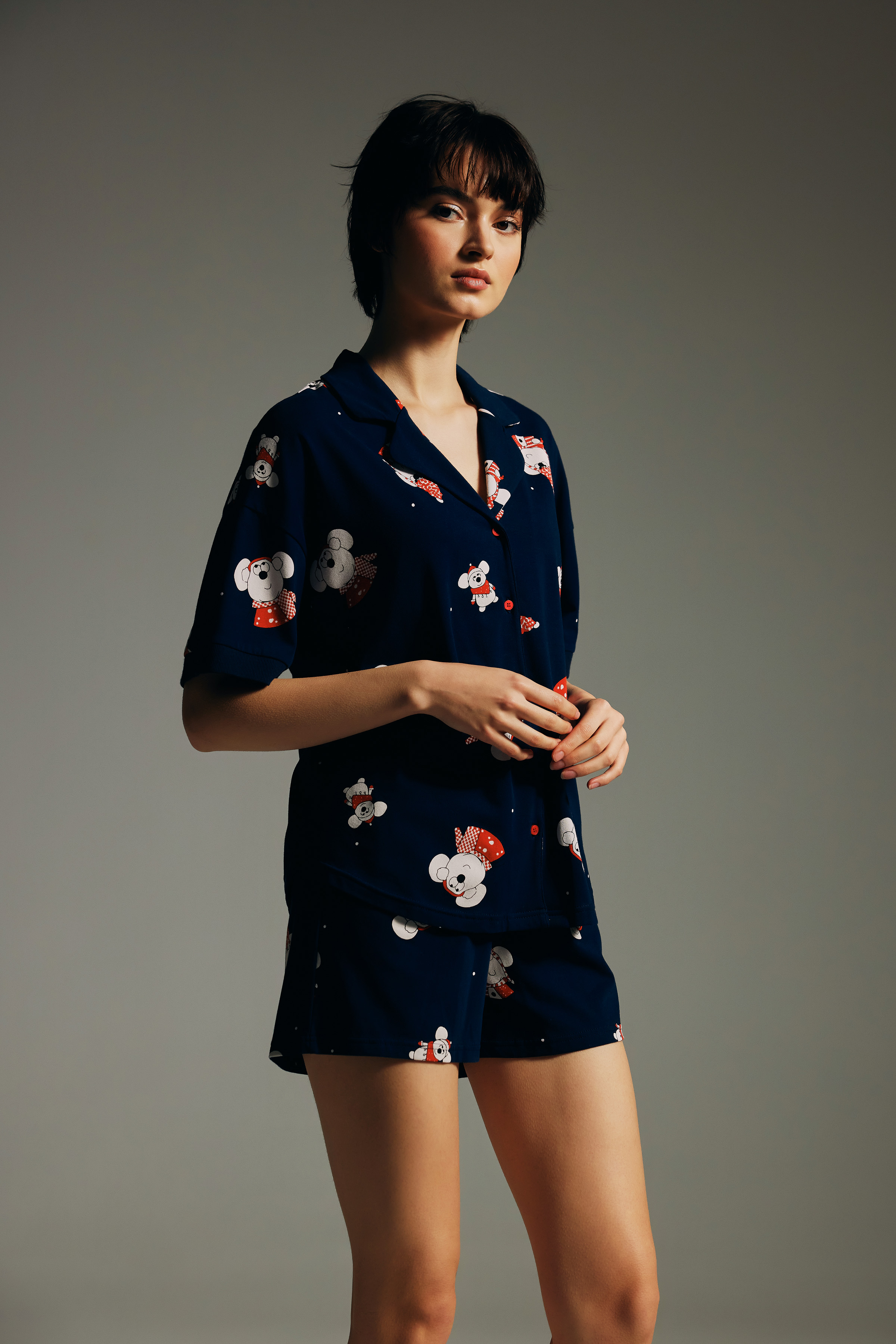 Kadın Pamuklu Kısa Kollu Gömlek Pijama Üstü