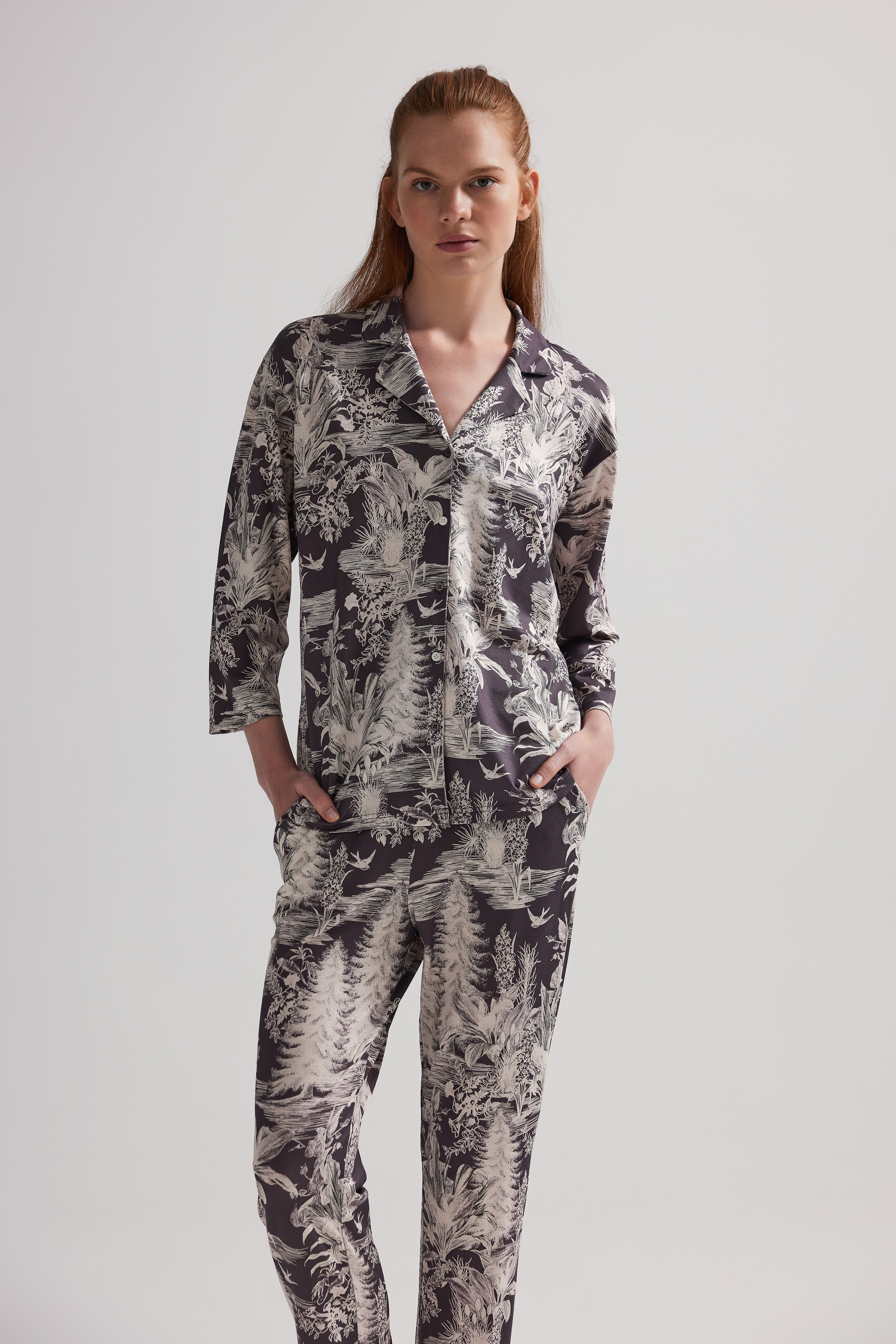 Kadın Viskon Uzun Kollu Gömlek Pijama Üstü