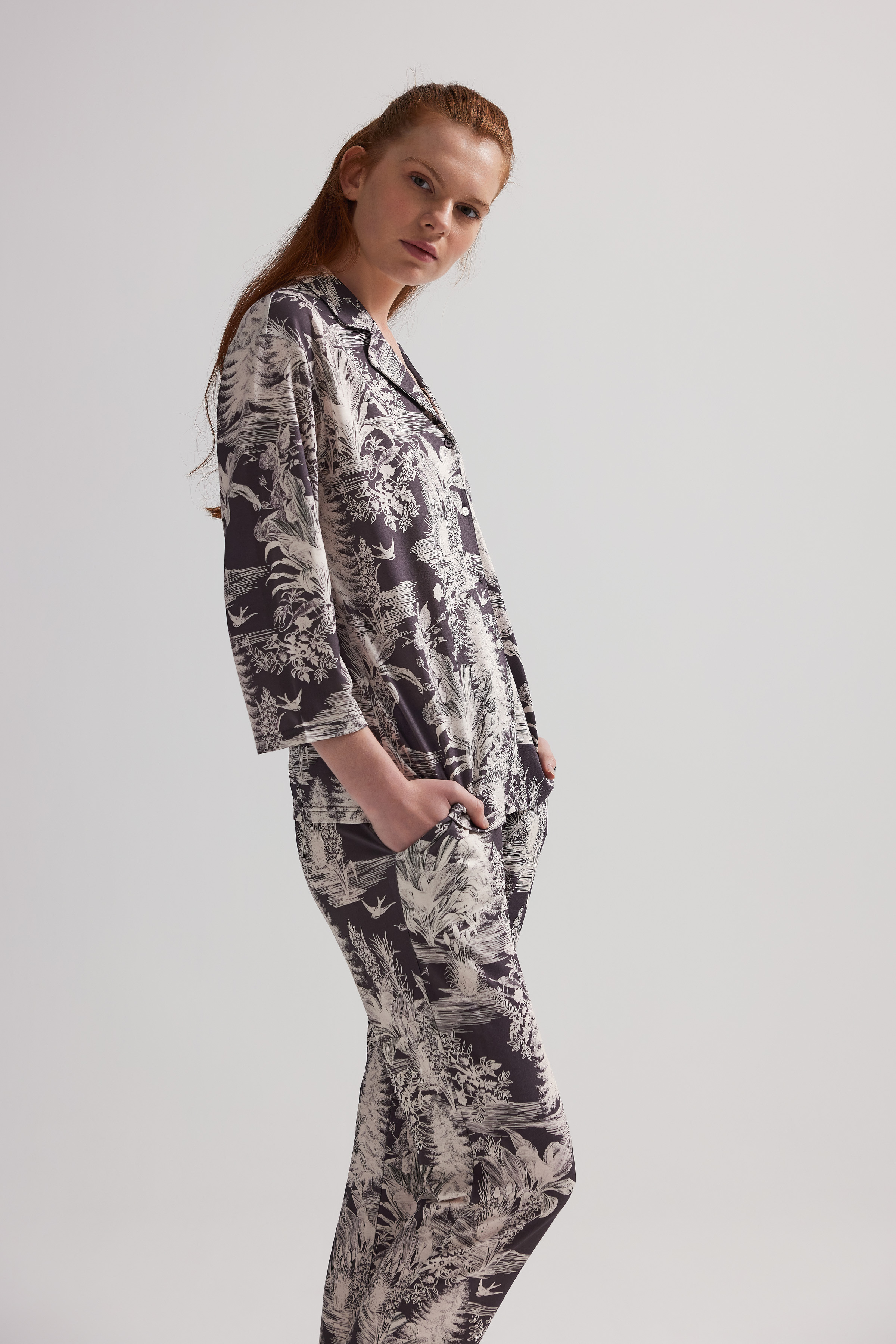 Kadın Viskon Uzun Kollu Gömlek Pijama Üstü