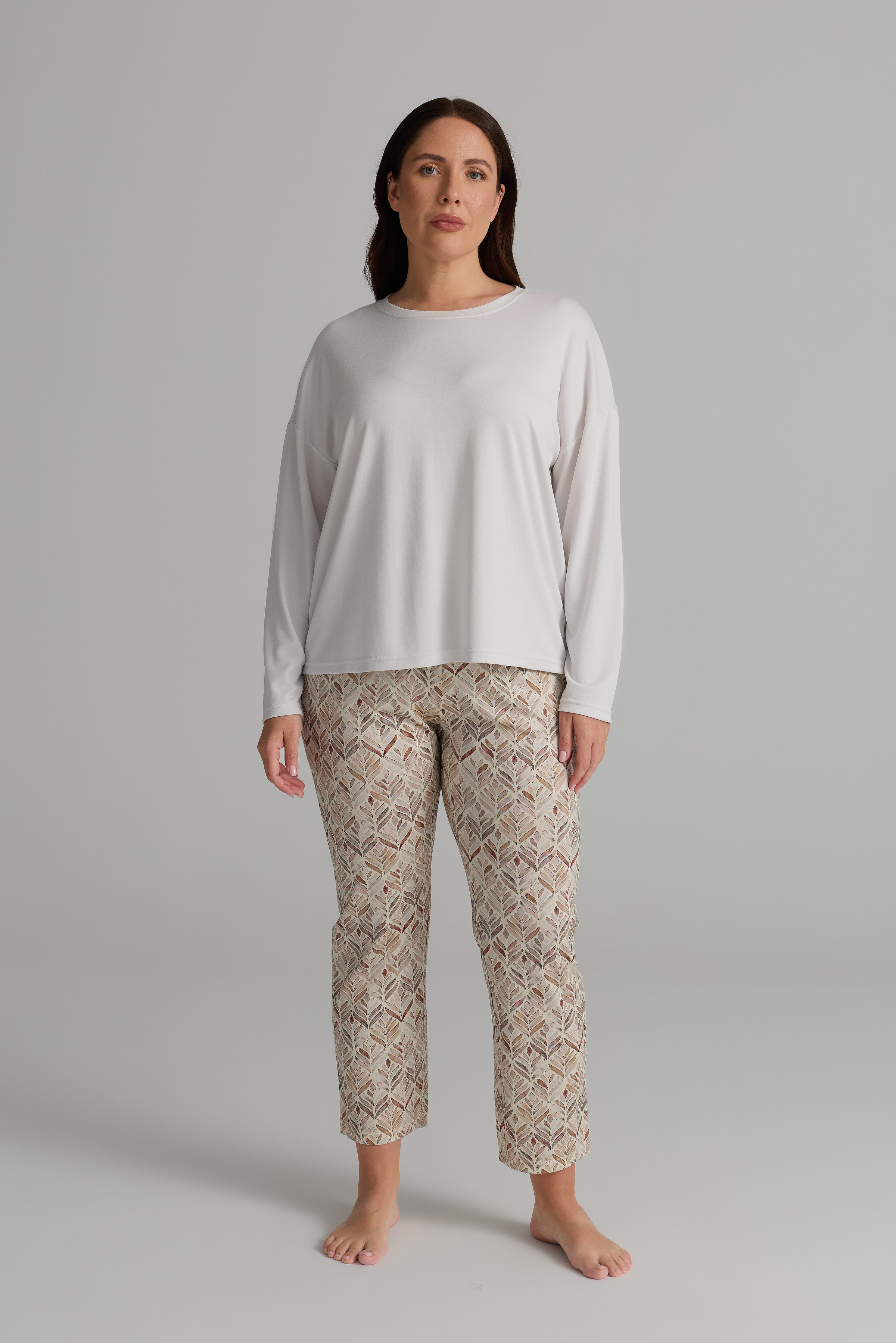 Kadın Plus Size Viskon Uzun Kollu Pijama Üstü