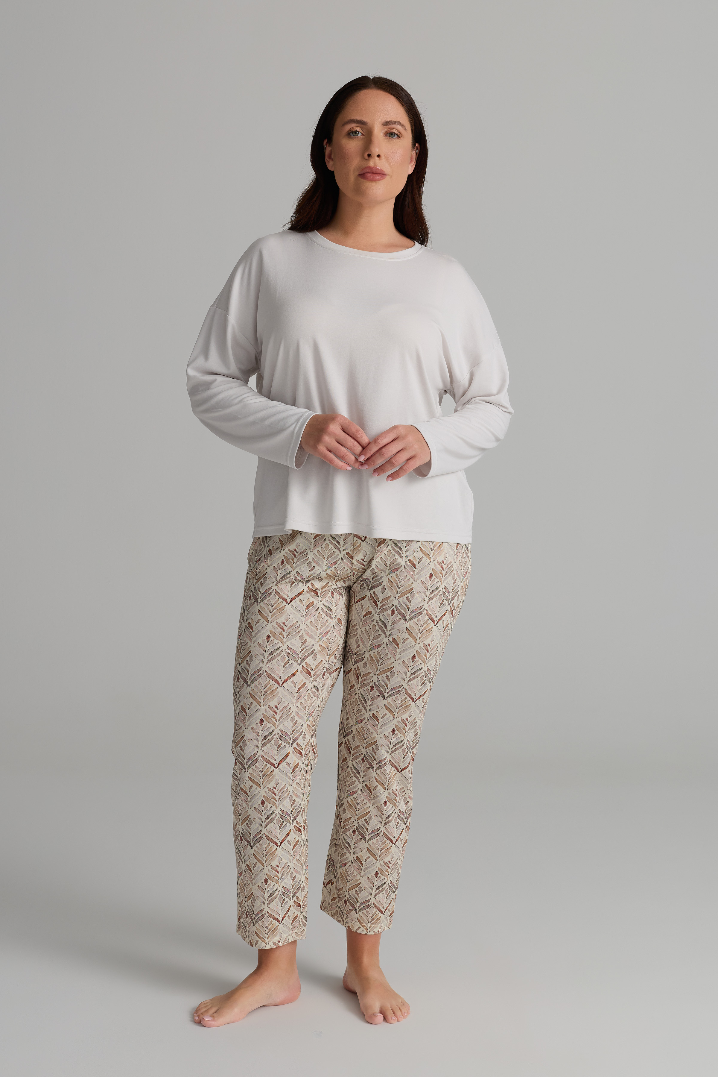 Kadın Plus Size Viskon Uzun Kollu Pijama Üstü