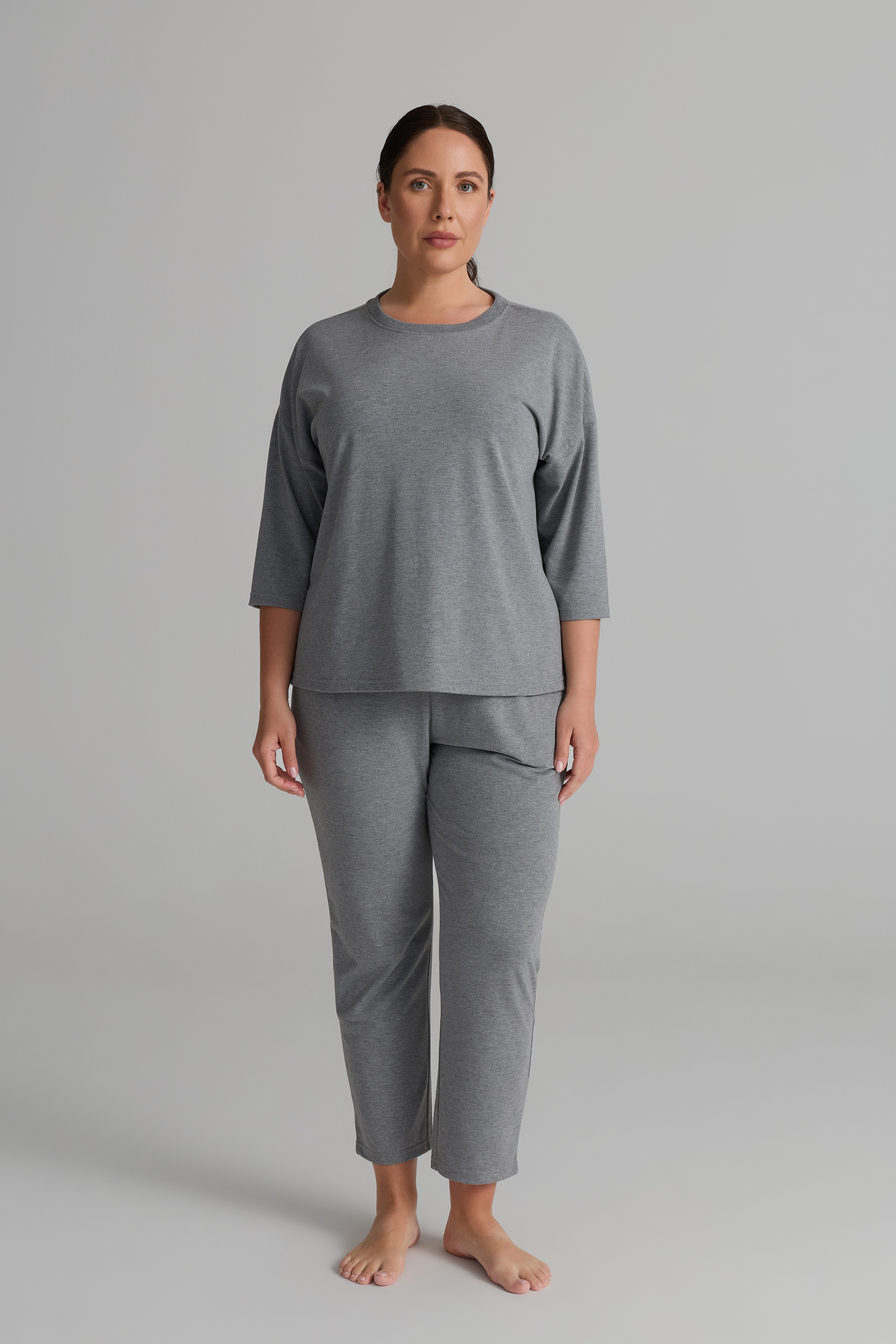 Kadın Plus Size Pamuklu Uzun Kollu Pijama Üstü