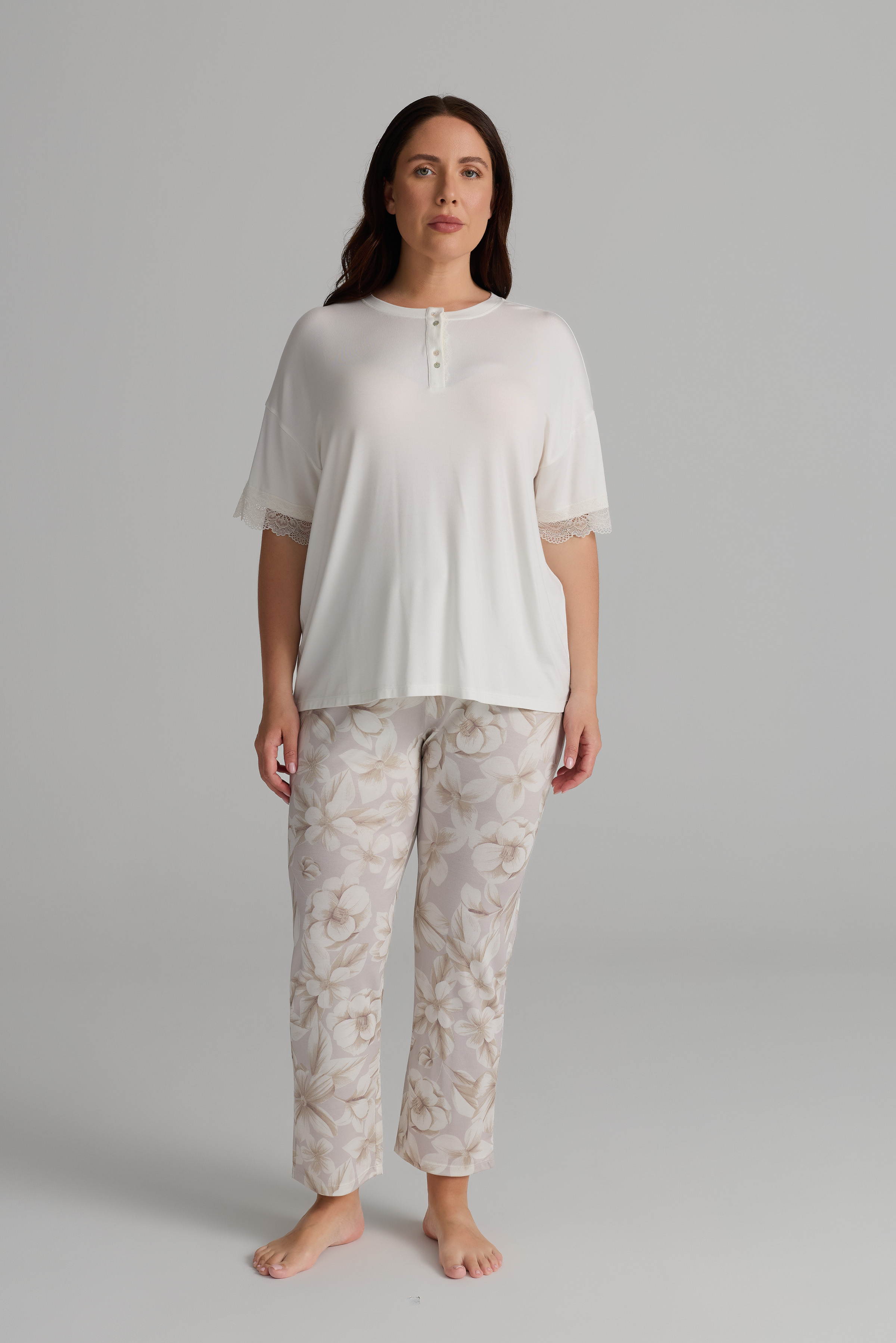 Kadın Plus Size Viskon Kısa Kollu Düğmeli Pijama Üstü