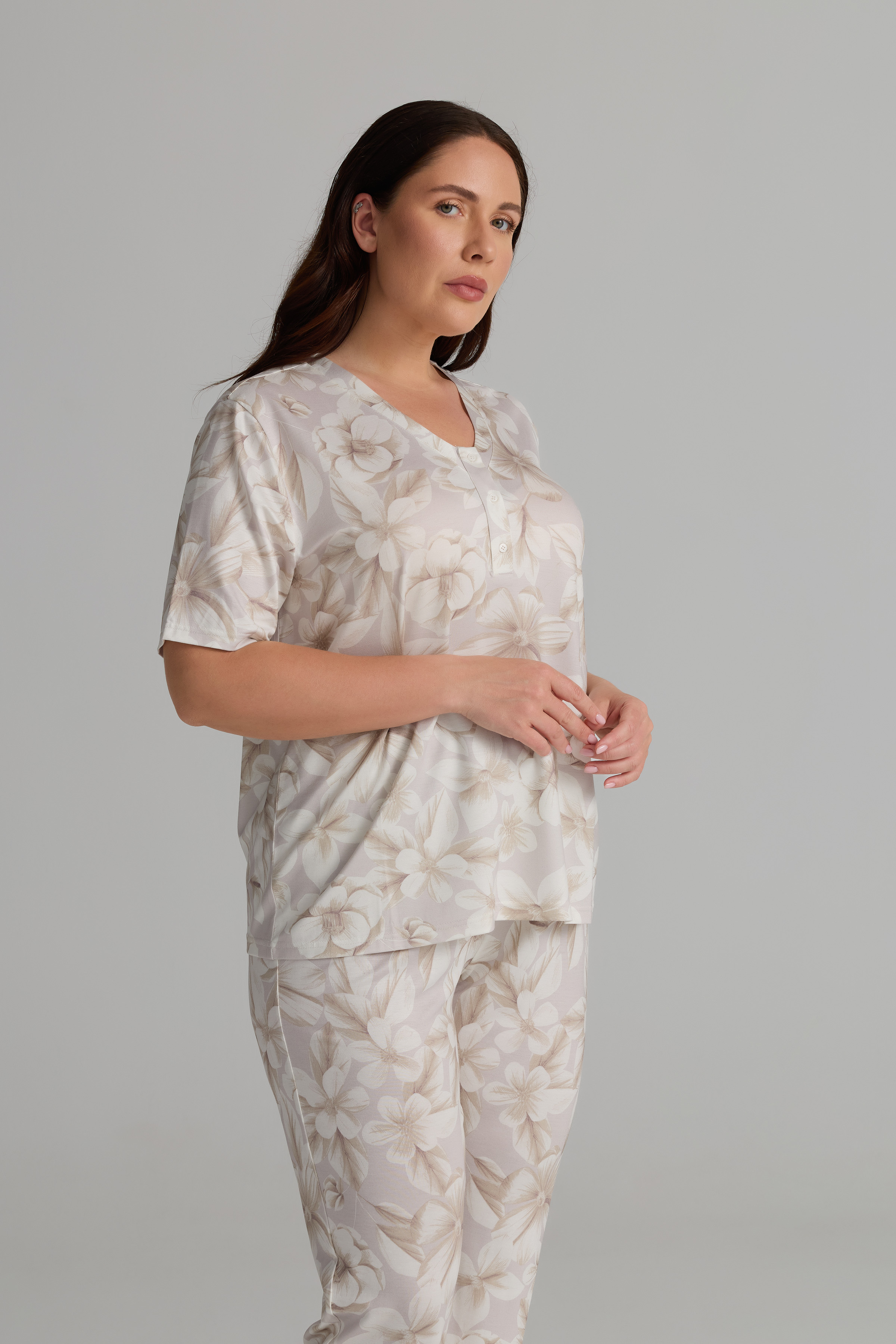 Kadın Plus Size Viskon Kısa Kollu Pijama Üstü