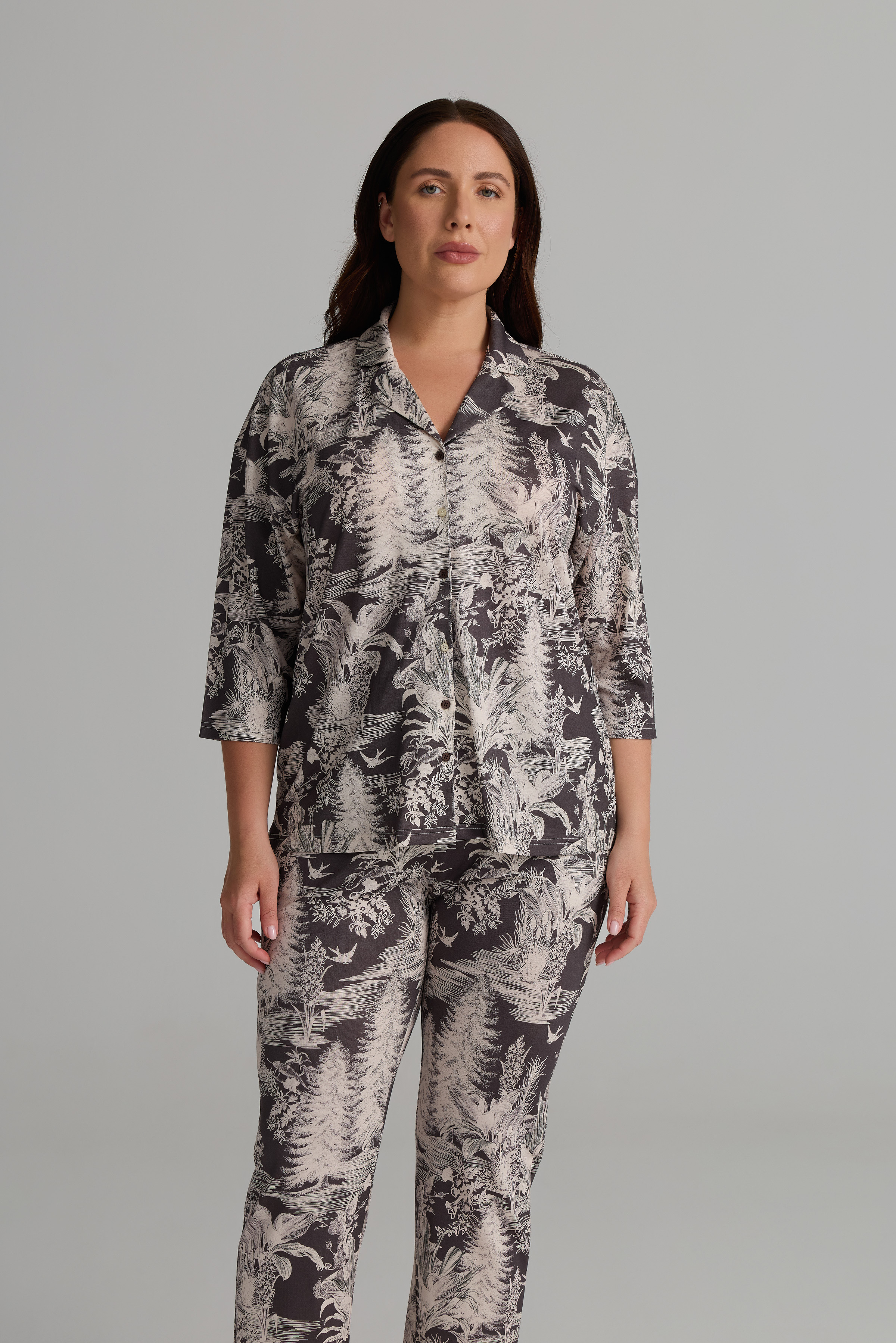 Kadın Plus Size Viskon Uzun Kollu Gömlek Pijama Üstü