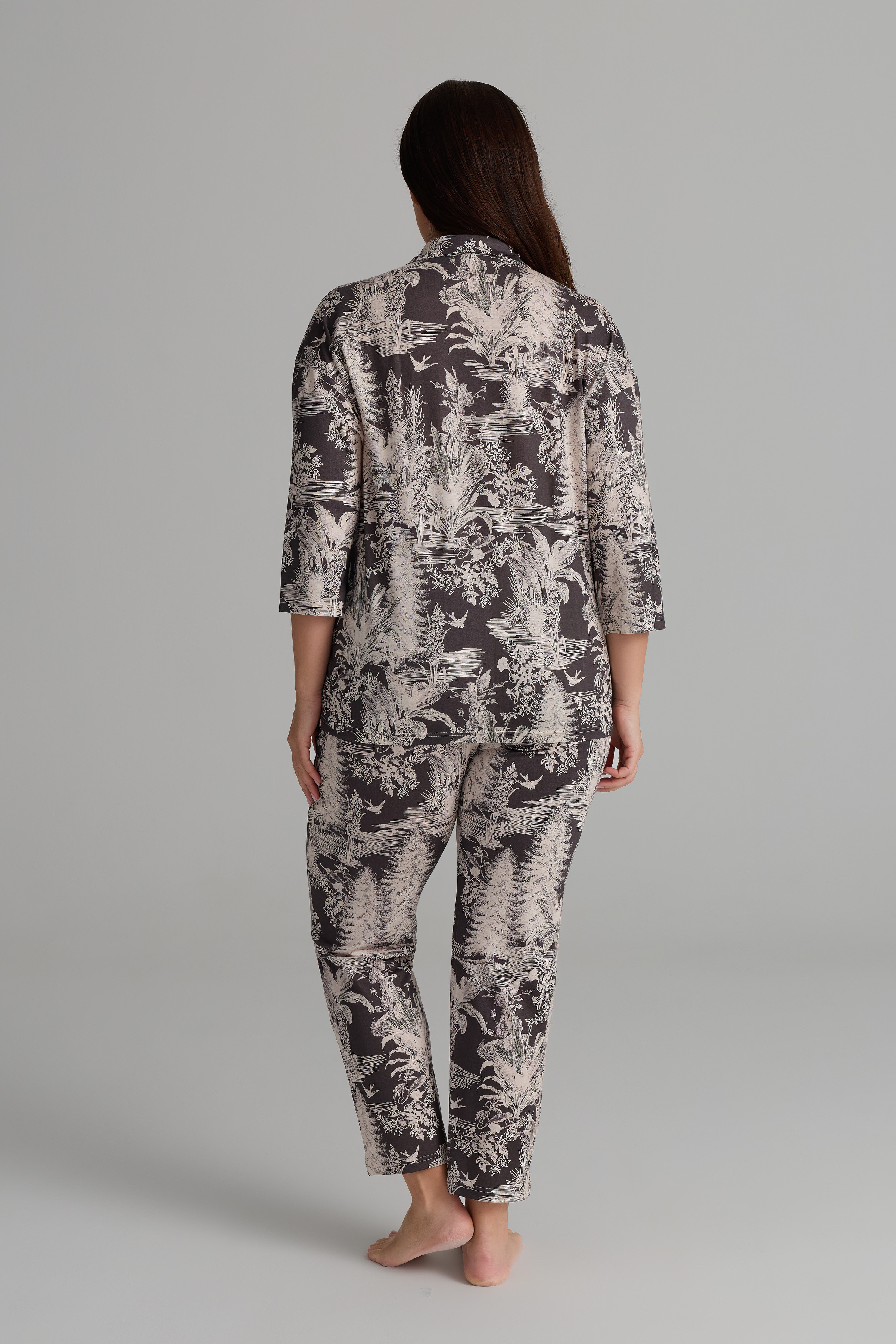 Kadın Plus Size Viskon Uzun Kollu Gömlek Pijama Üstü