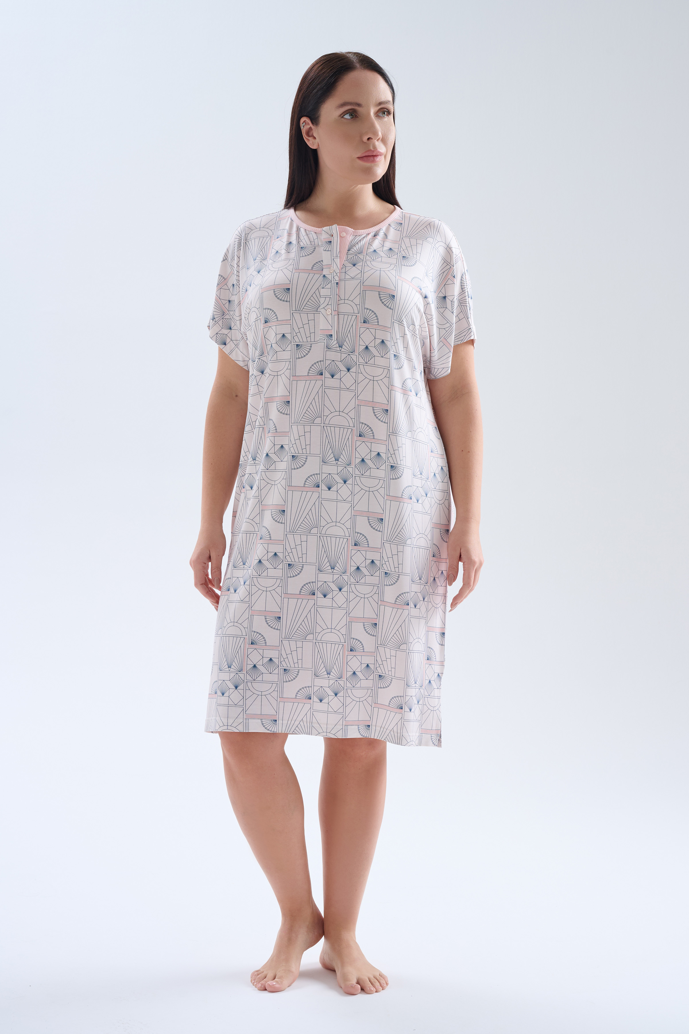 Kadın Plus Size Viskoz Kısa Kollu Düğmeli Gecelik