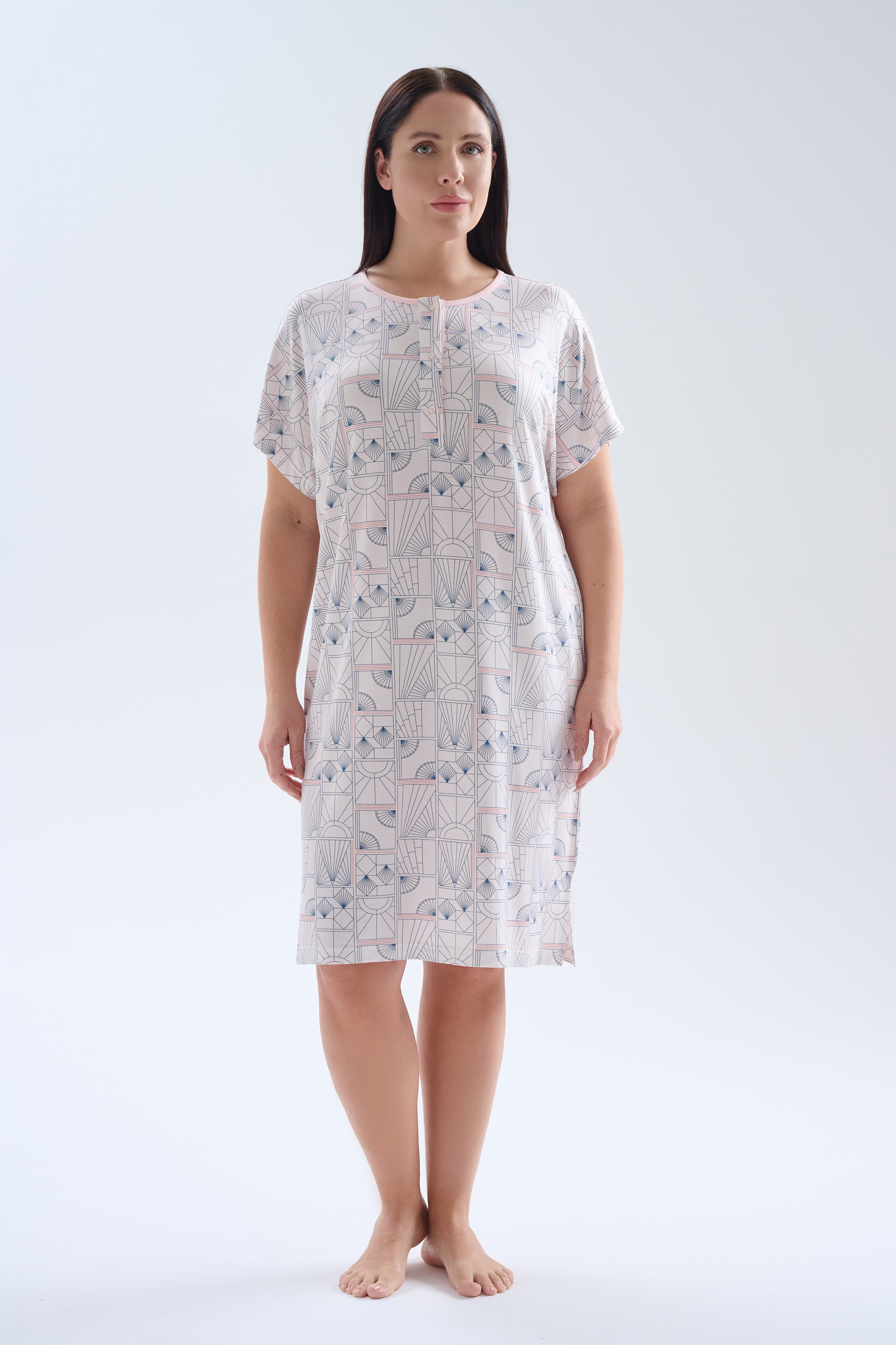 Kadın Plus Size Viskoz Kısa Kollu Düğmeli Gecelik