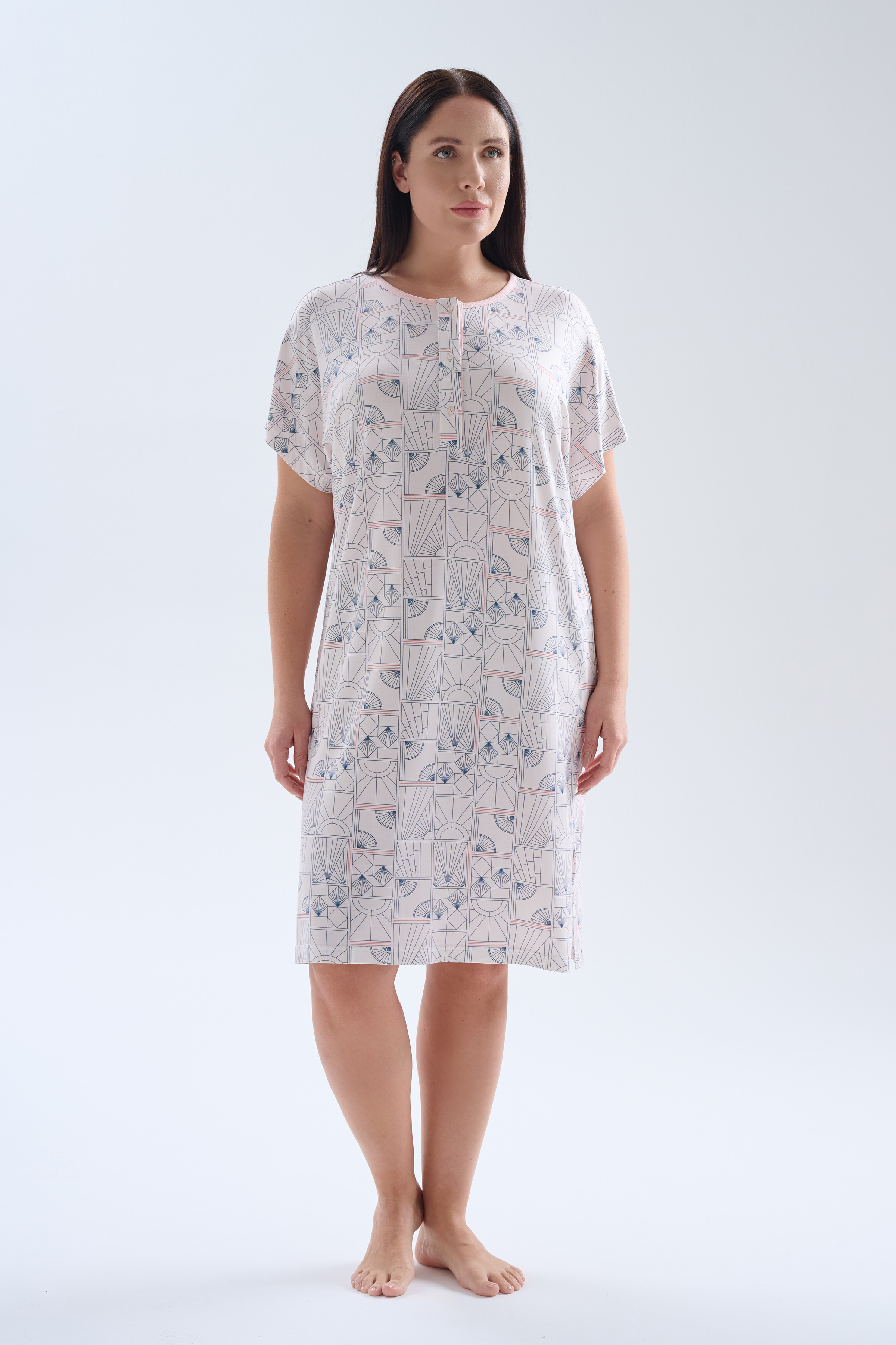 Kadın Plus Size Viskoz Kısa Kollu Düğmeli Gecelik