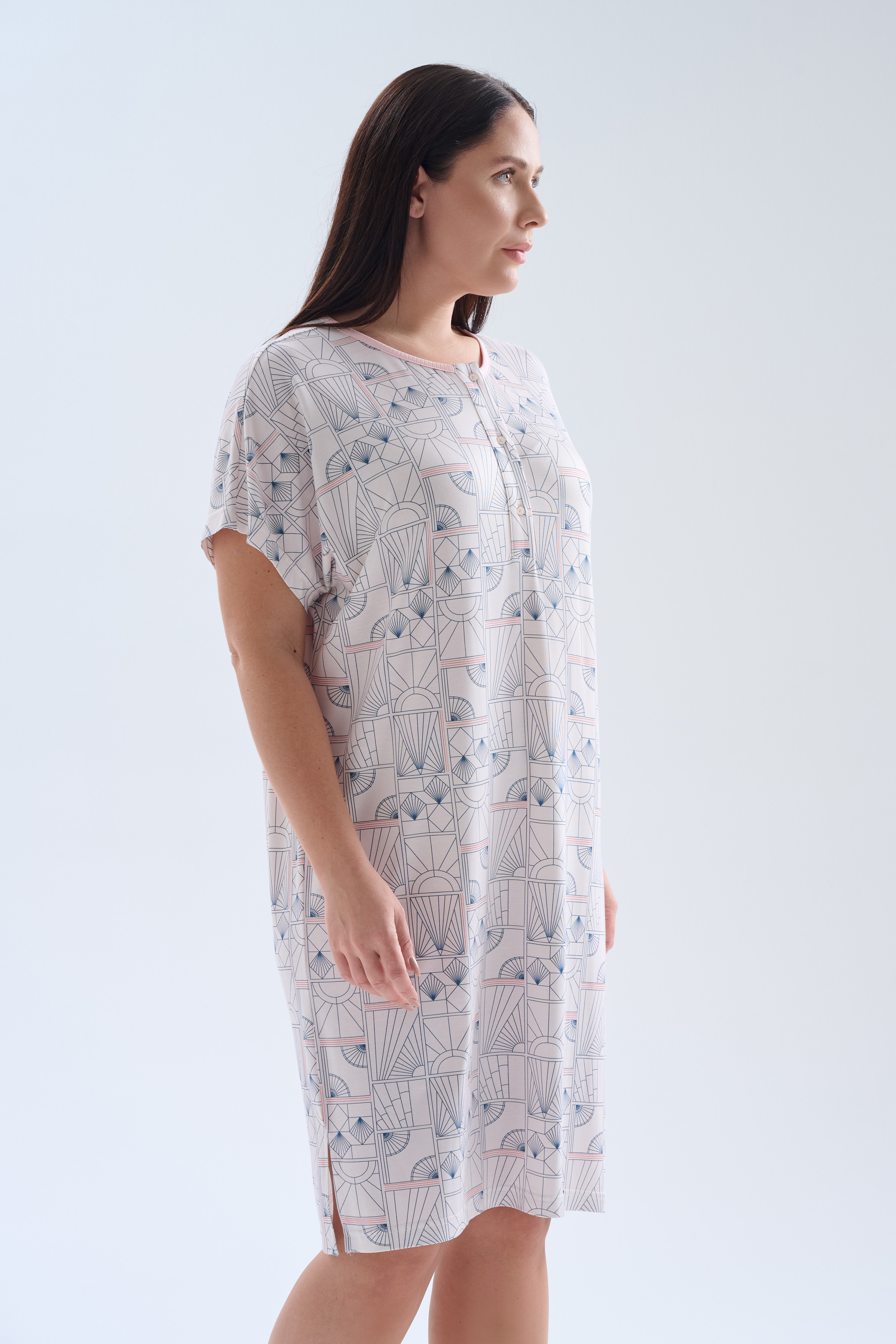 Kadın Plus Size Viskoz Kısa Kollu Düğmeli Gecelik