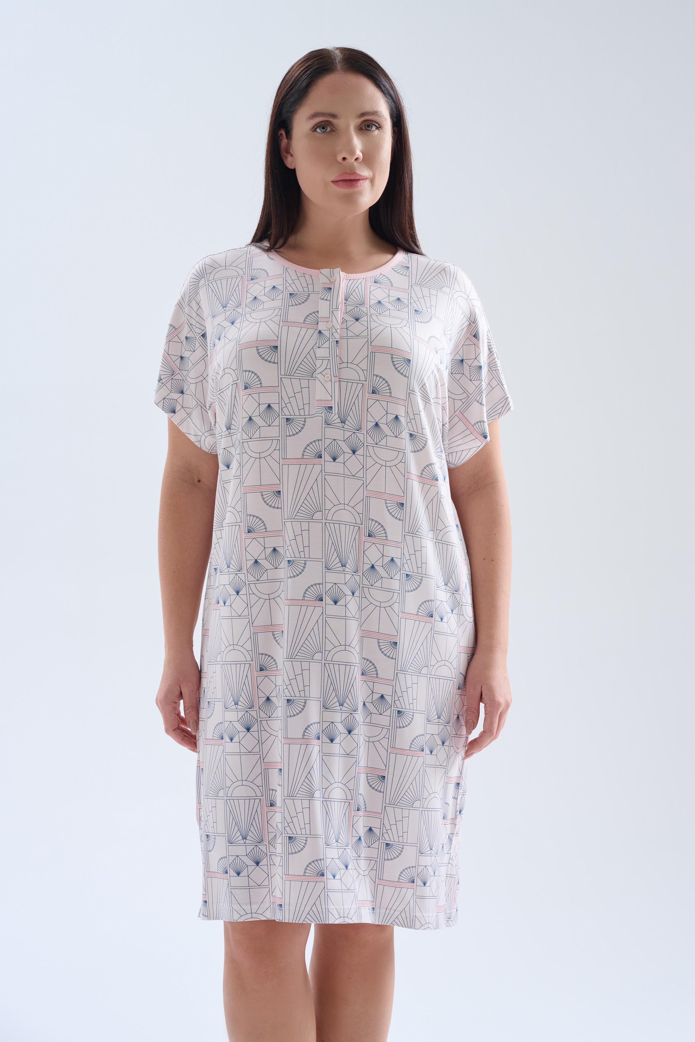 Kadın Plus Size Viskoz Kısa Kollu Düğmeli Gecelik