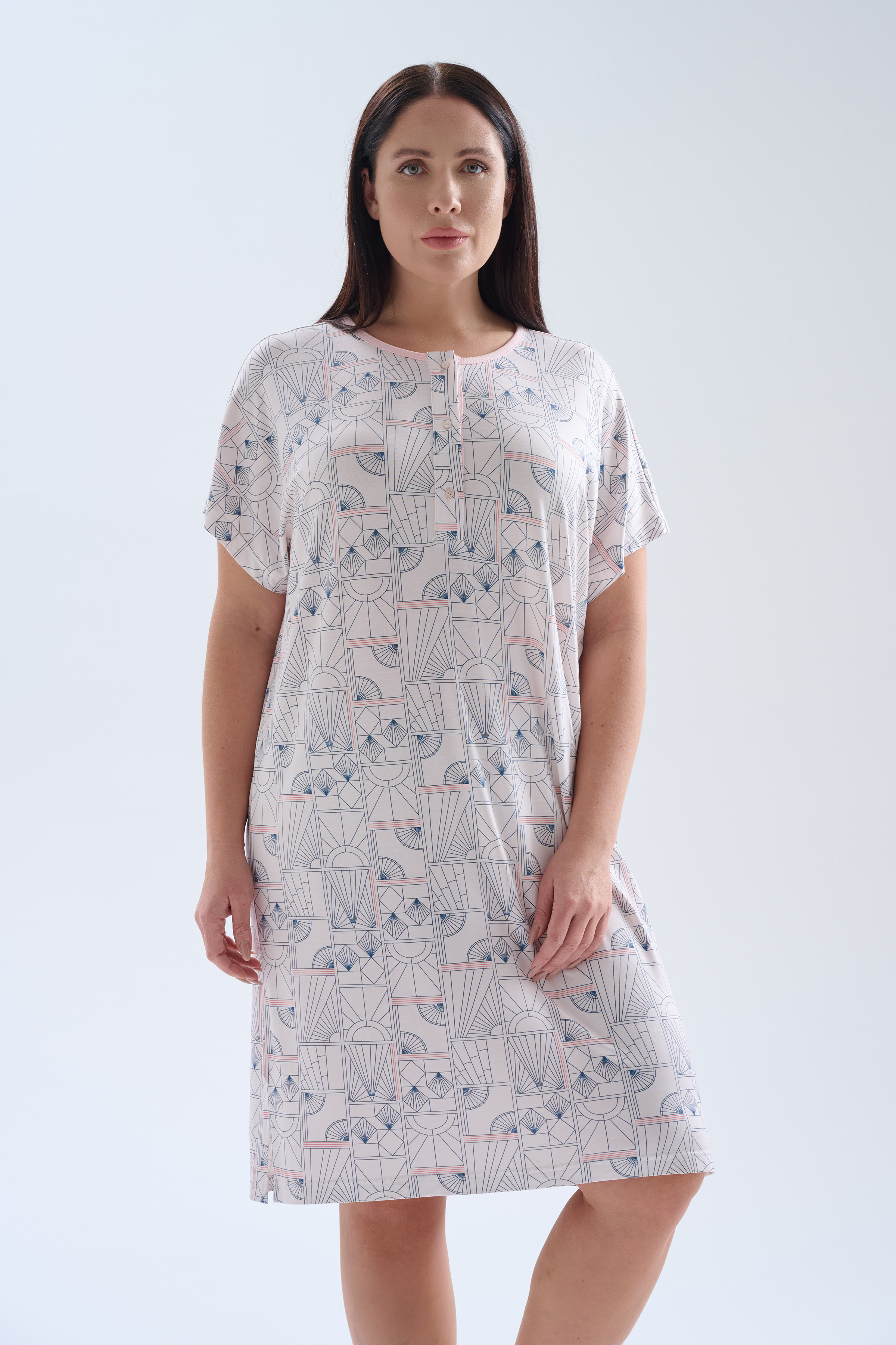 Kadın Plus Size Viskoz Kısa Kollu Düğmeli Gecelik