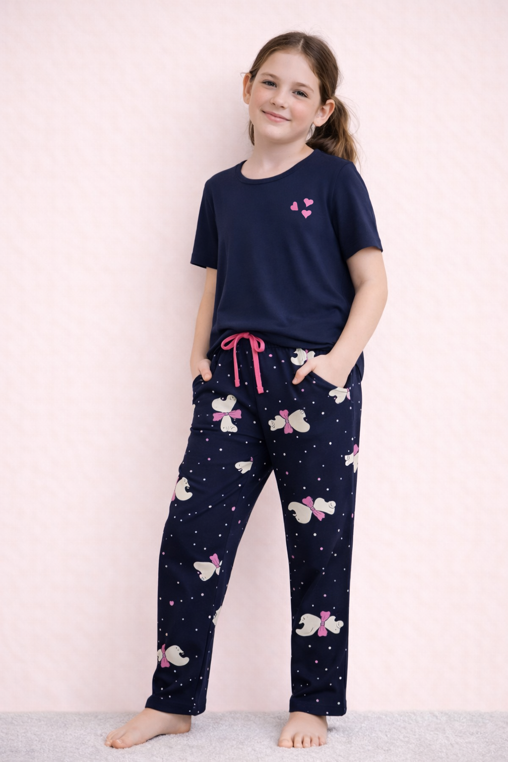 Kız Çocuk Pamuklu Kısa Kollu Uzun Pijama Takımı