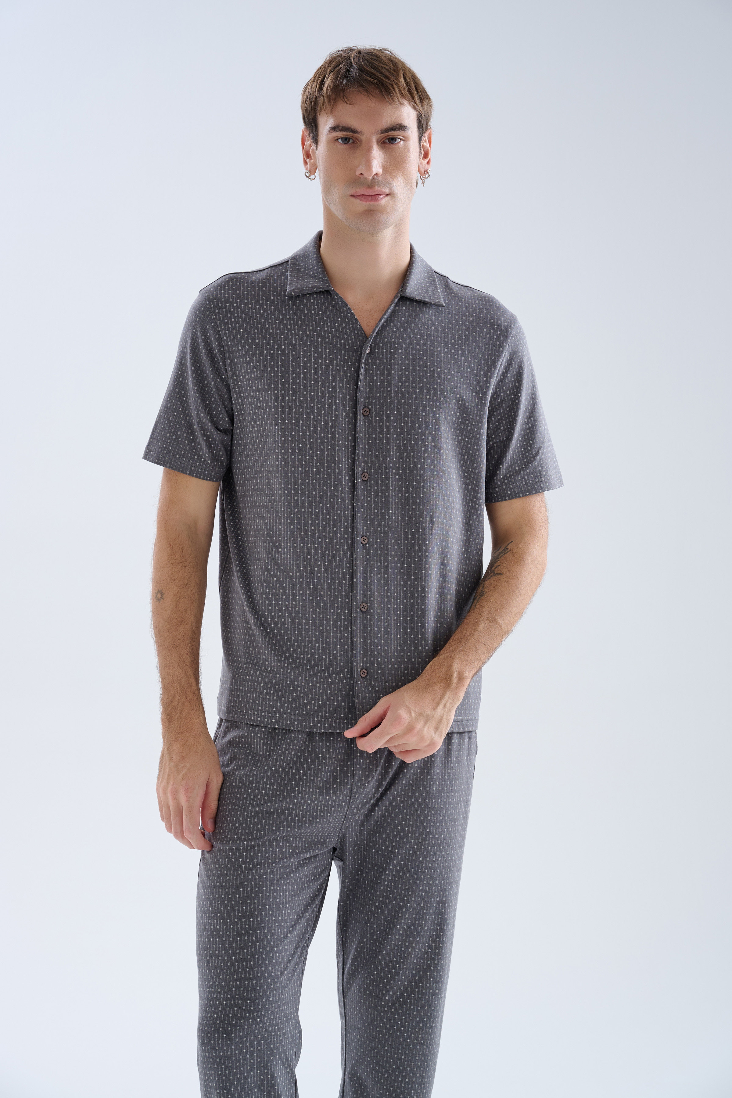 Erkek Modal Kısa Kollu Gömlek Uzun Pijama Takımı