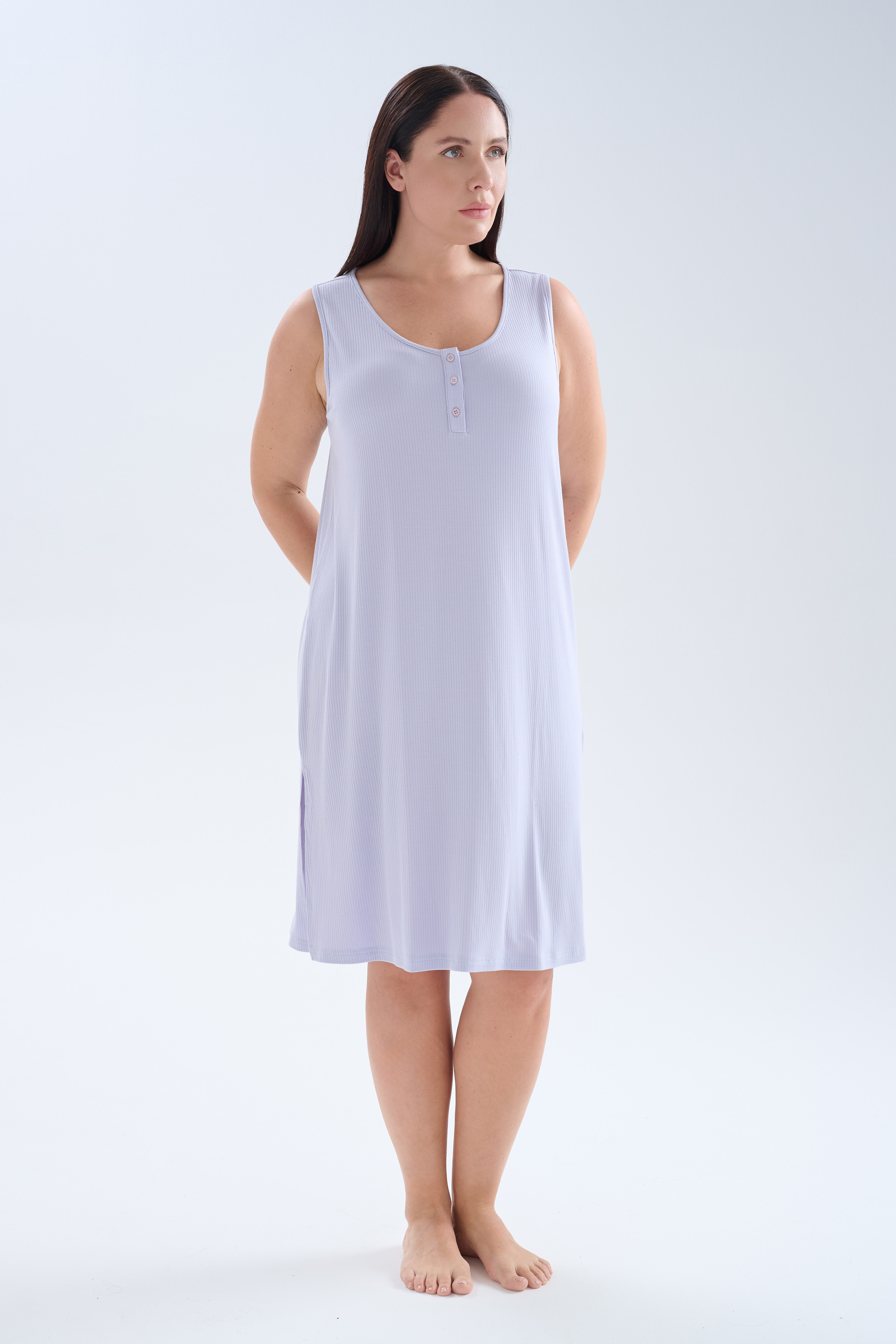 Kadın Plus Size Modal Kaşkorse Kolsuz Yırtmaçlı Gecelik