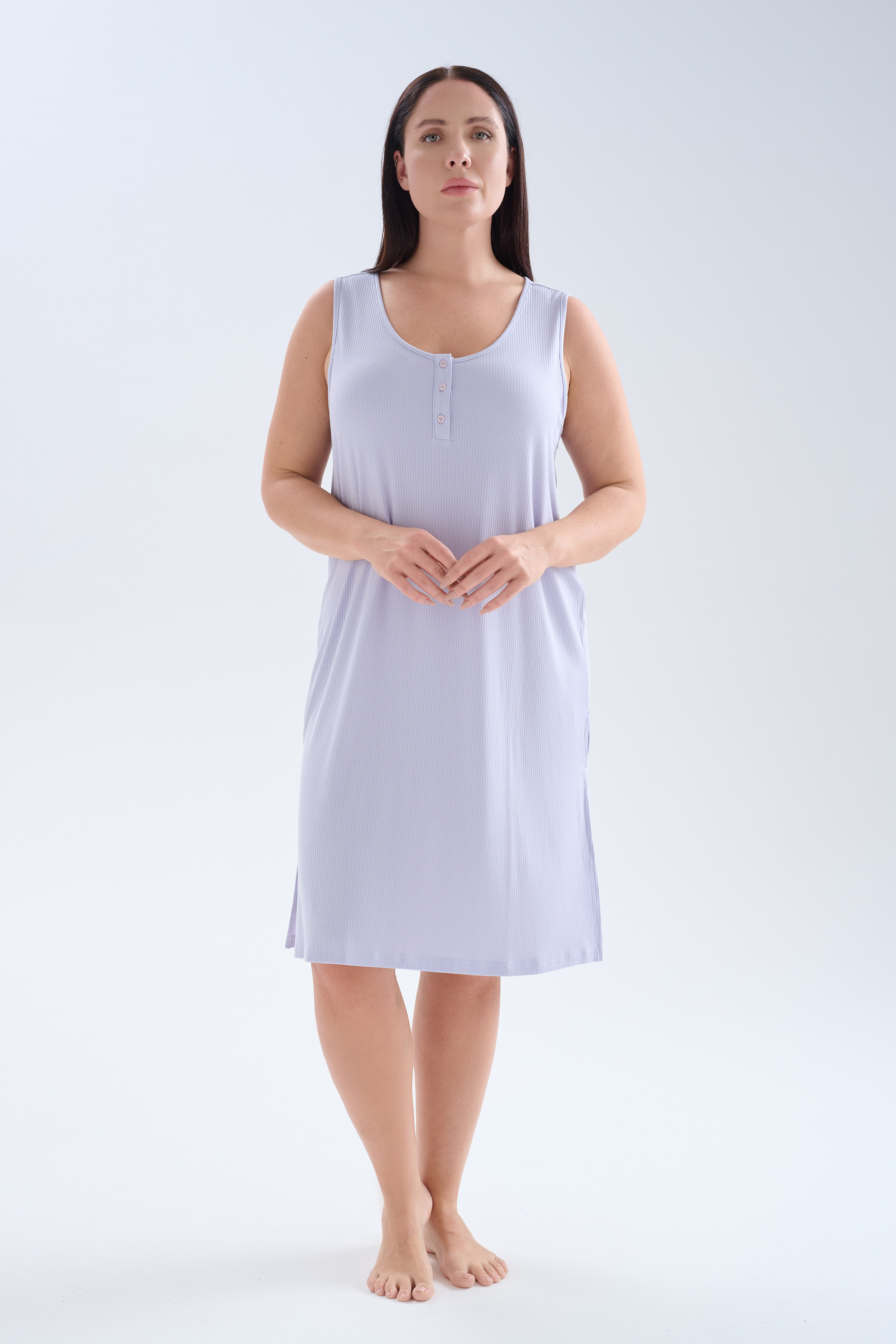 Kadın Plus Size Modal Kaşkorse Kolsuz Yırtmaçlı Gecelik