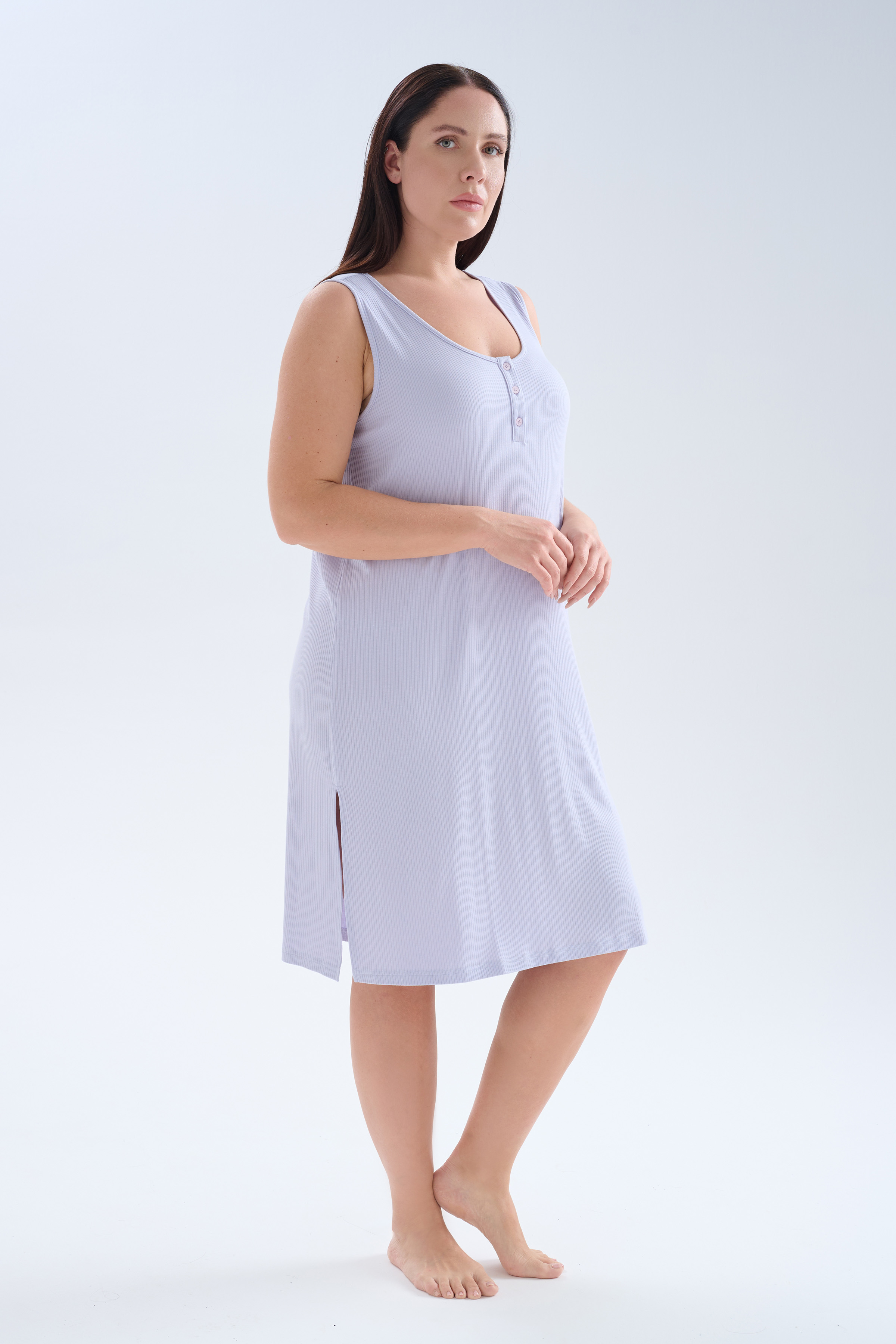 Kadın Plus Size Modal Kaşkorse Kolsuz Yırtmaçlı Gecelik