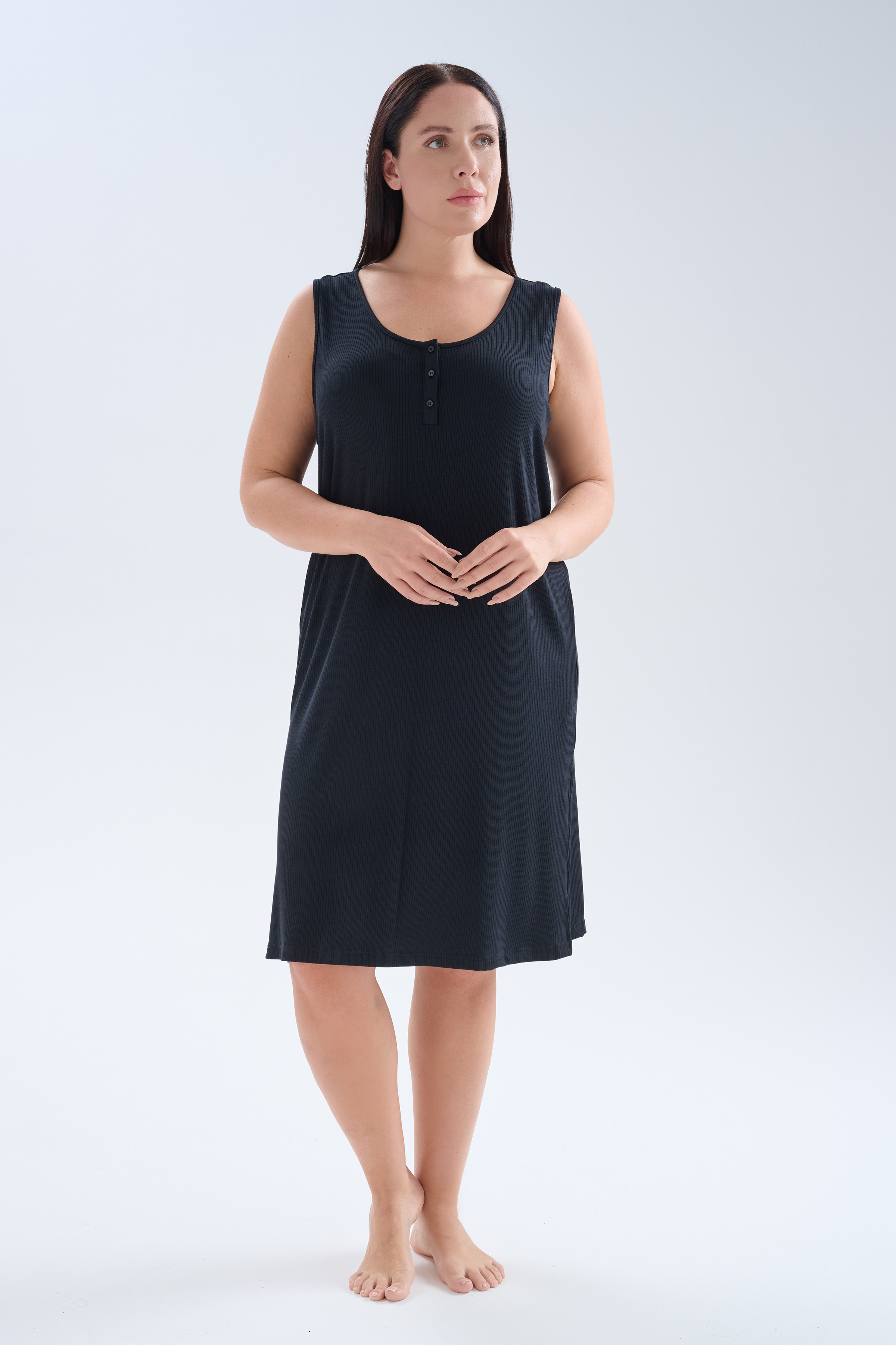 Kadın Plus Size Modal Kaşkorse Kolsuz Yırtmaçlı Gecelik