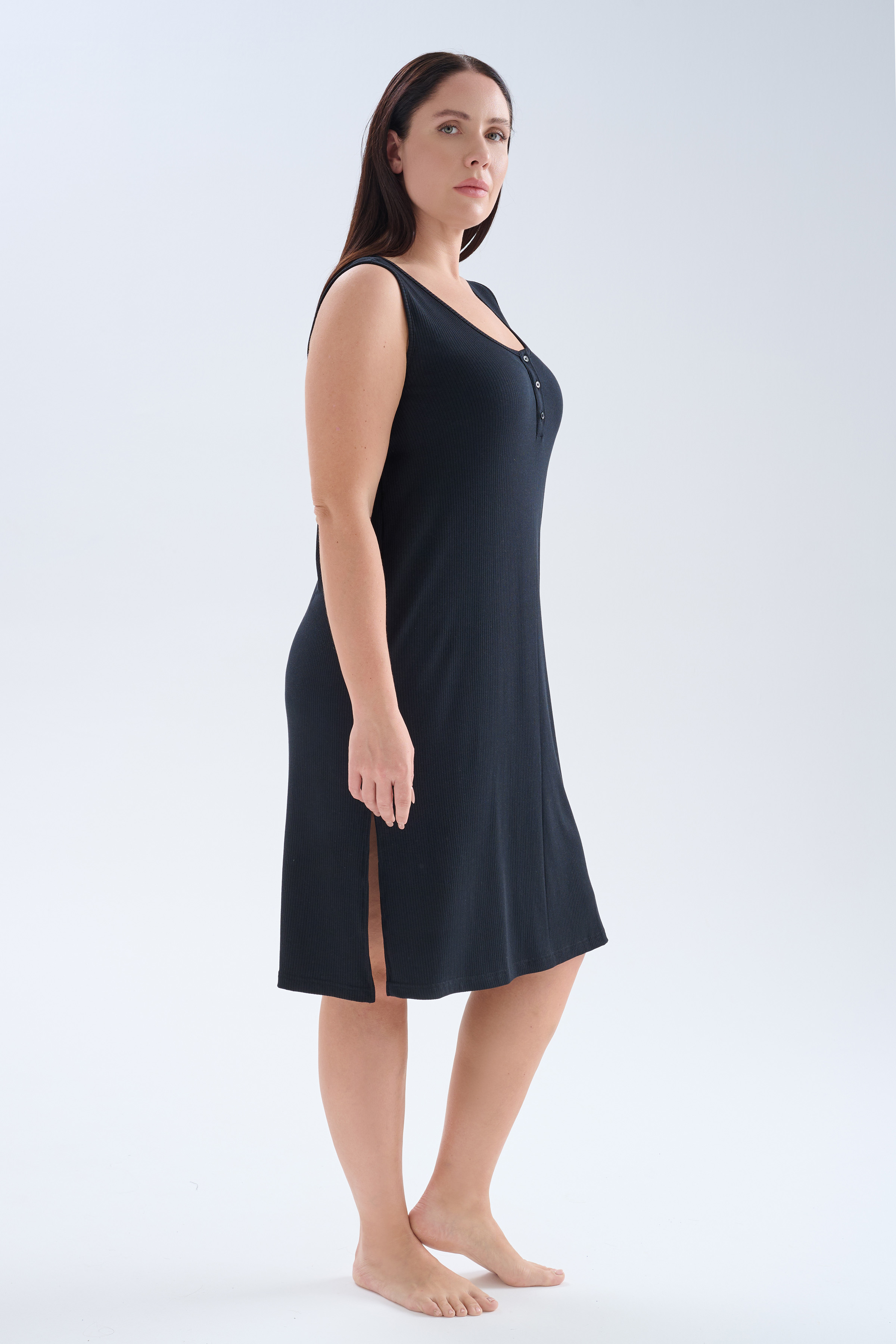 Kadın Plus Size Modal Kaşkorse Kolsuz Yırtmaçlı Gecelik