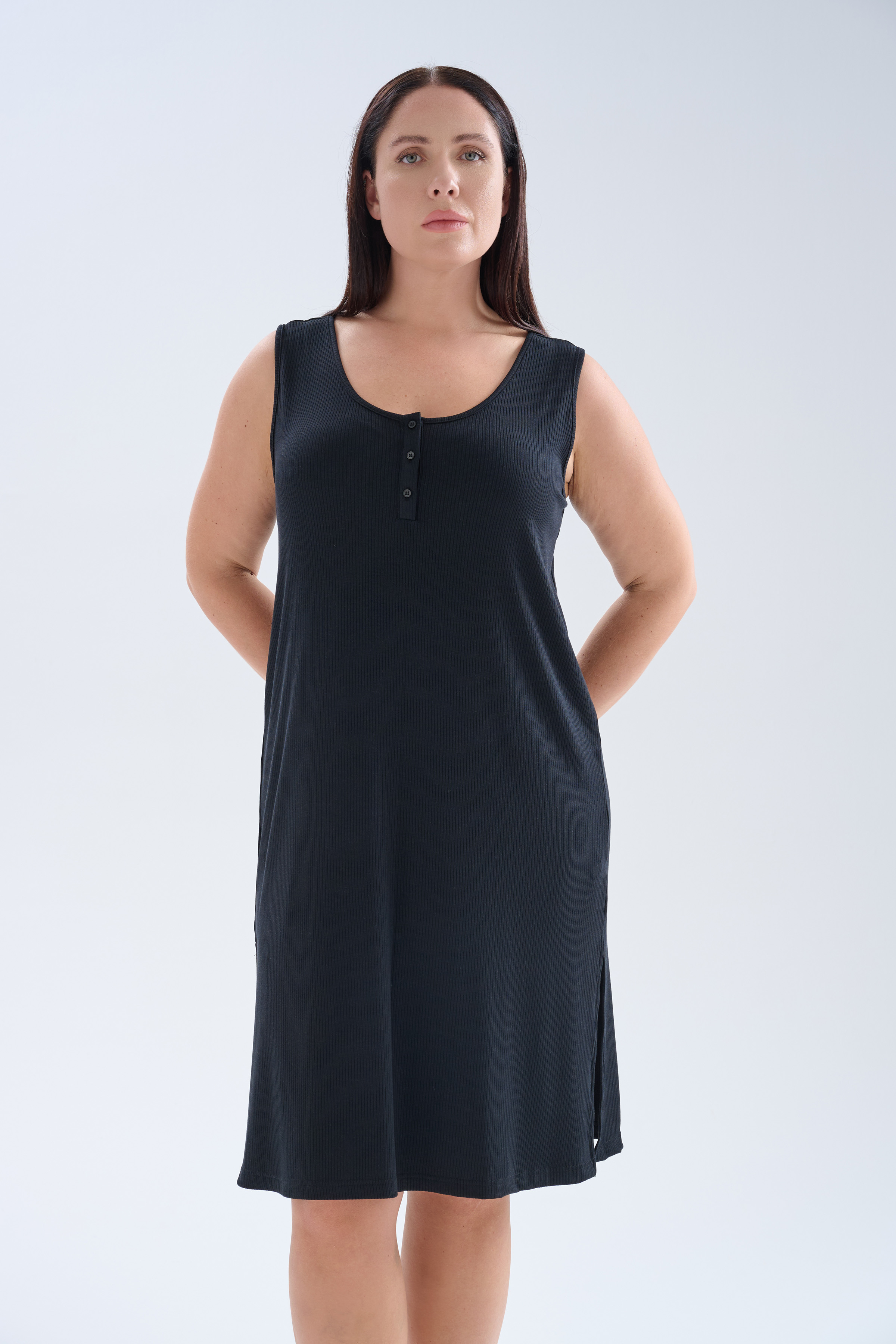 Kadın Plus Size Modal Kaşkorse Kolsuz Yırtmaçlı Gecelik