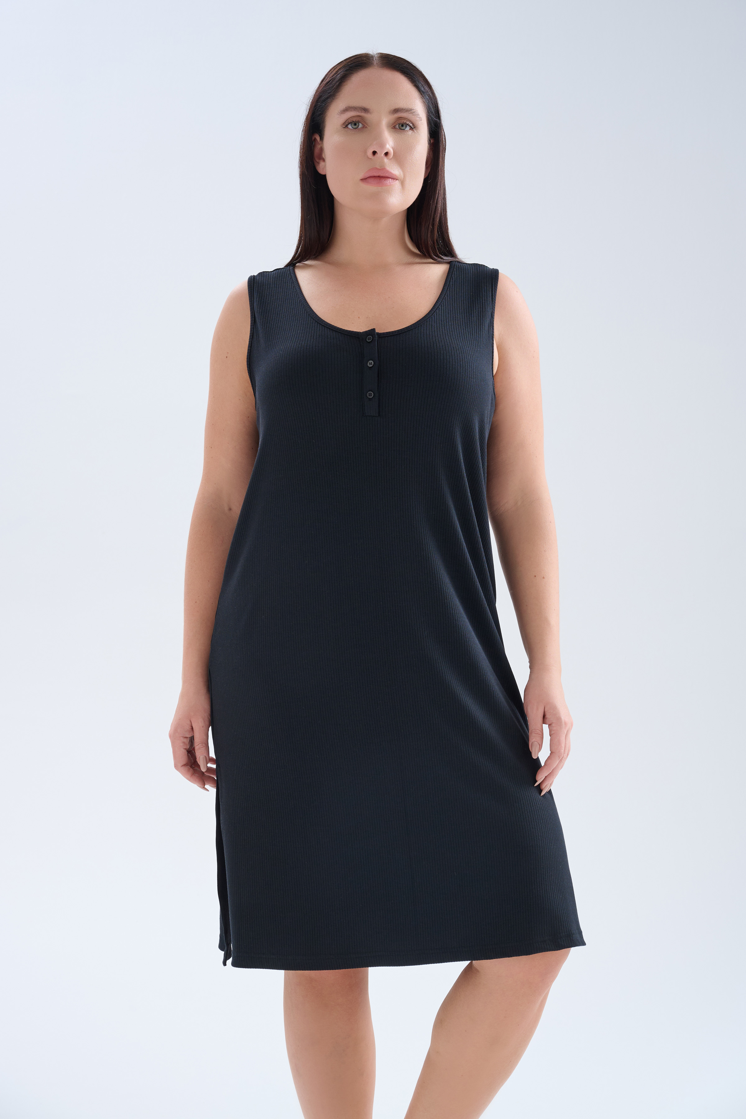 Kadın Plus Size Modal Kaşkorse Kolsuz Yırtmaçlı Gecelik