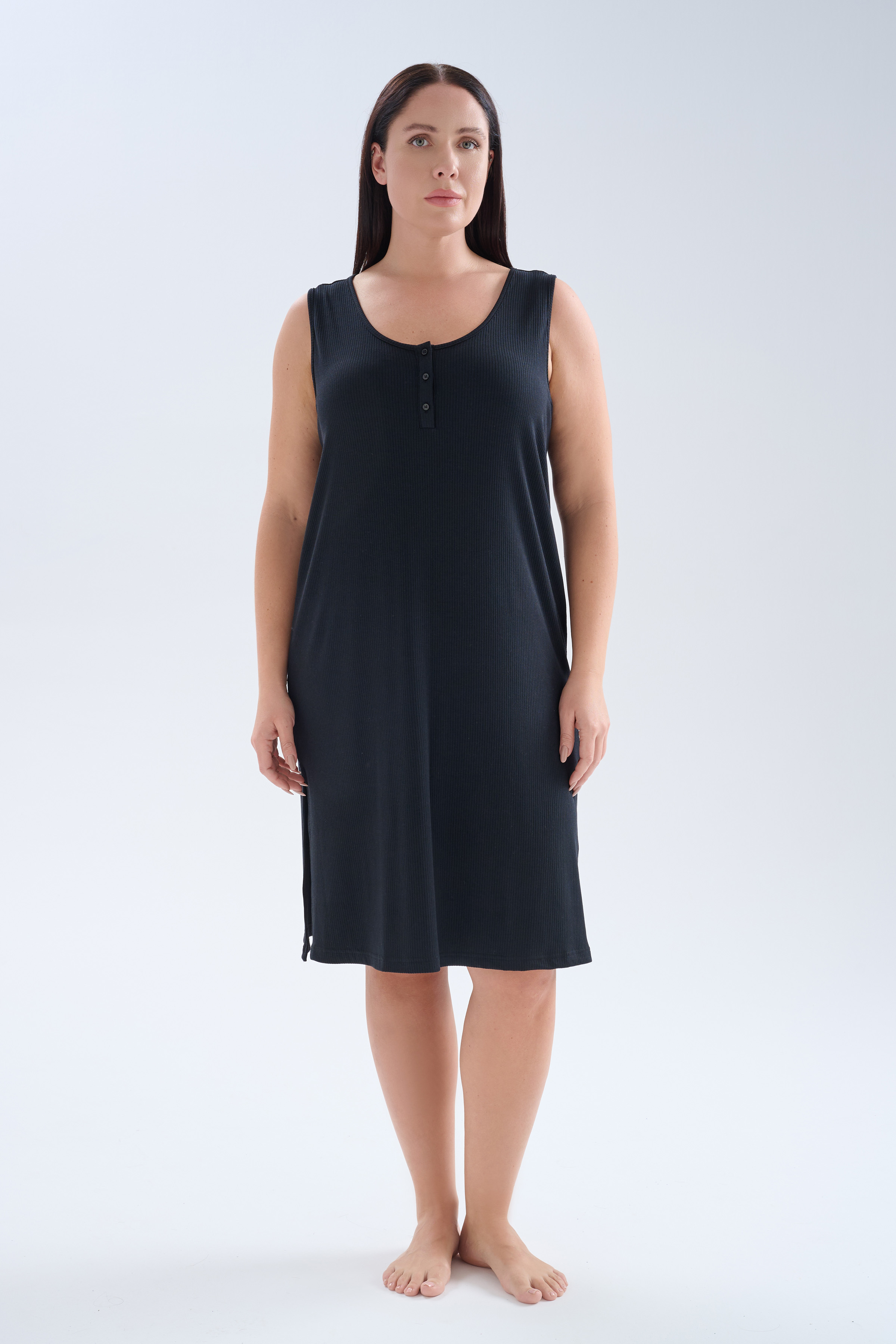 Kadın Plus Size Modal Kaşkorse Kolsuz Yırtmaçlı Gecelik