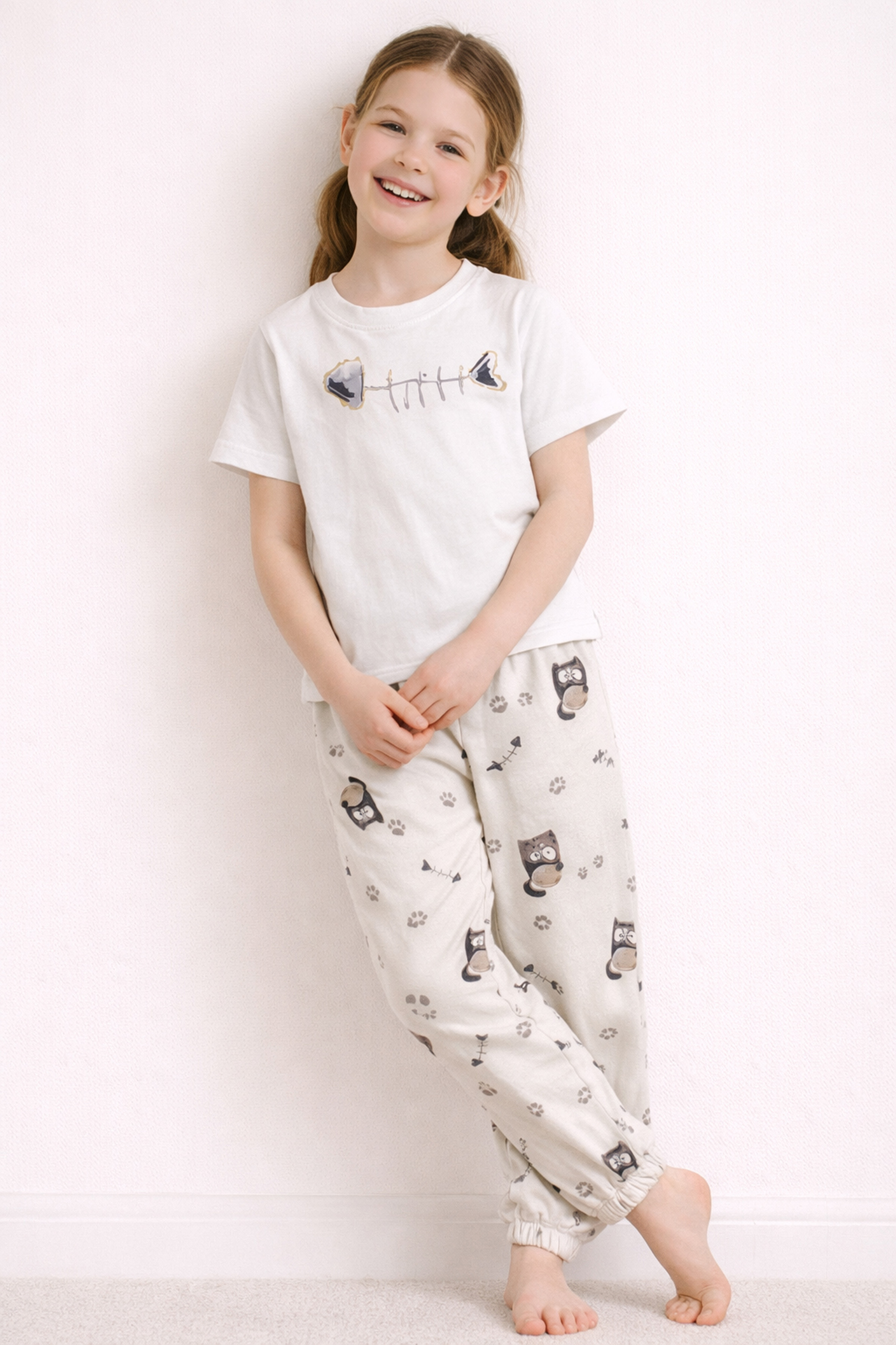 Kız Çocuk Pamuklu Kısa Kollu Uzun Pijama Takımı