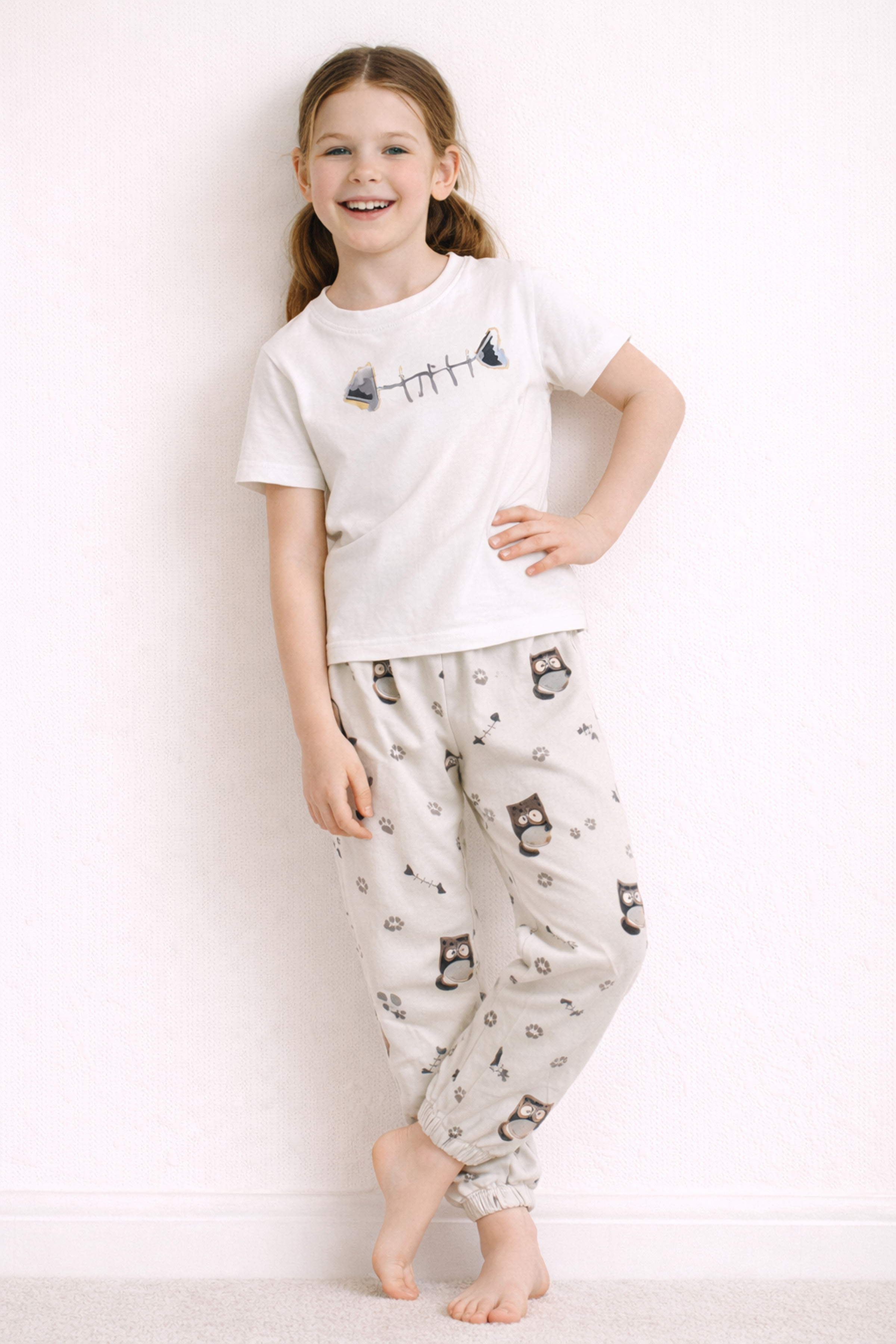 Kız Çocuk Pamuklu Kısa Kollu Uzun Pijama Takımı