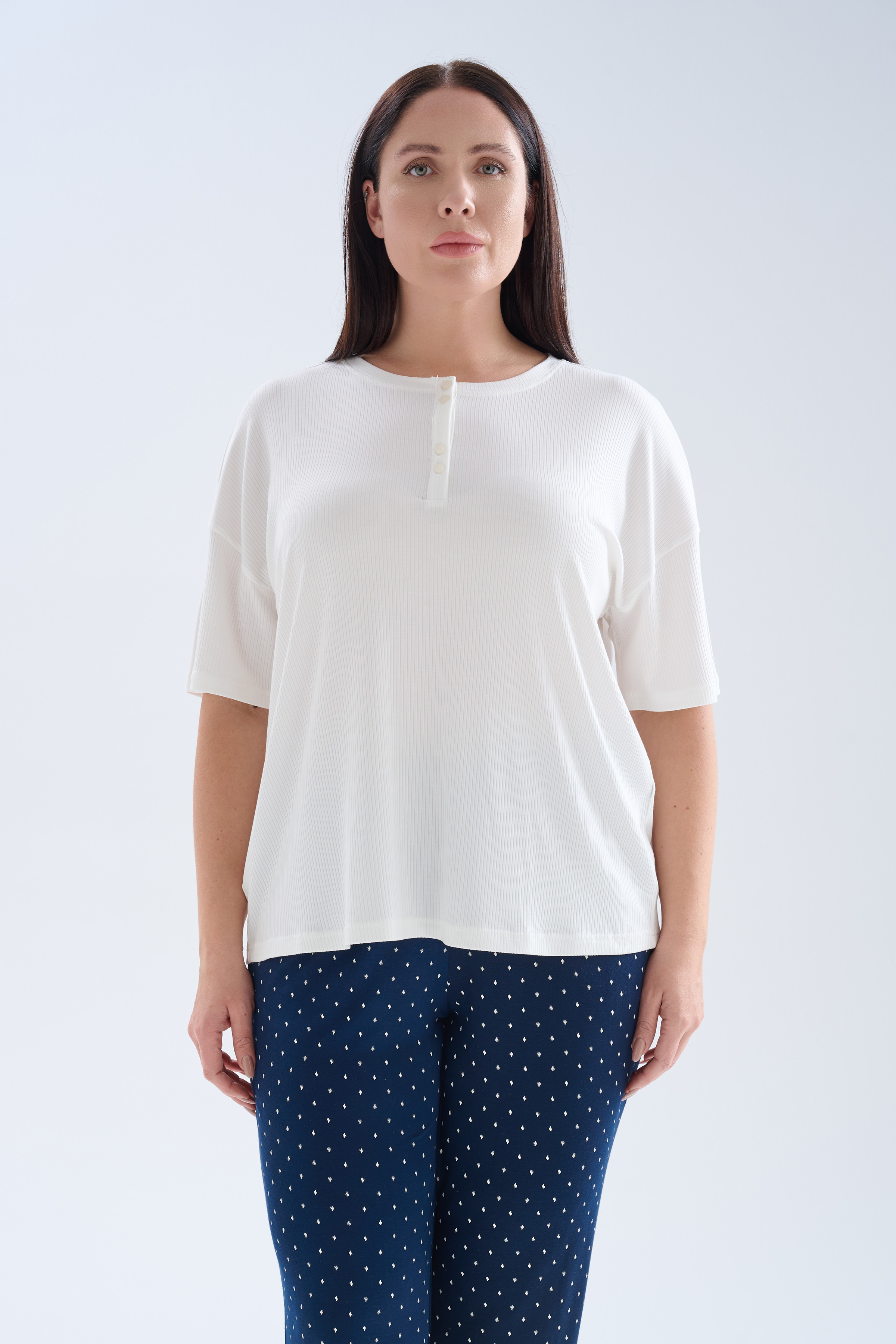 Kadın Plus Size Modal Kaşkorse Kısa Kollu Uzun Pijama Takımı	