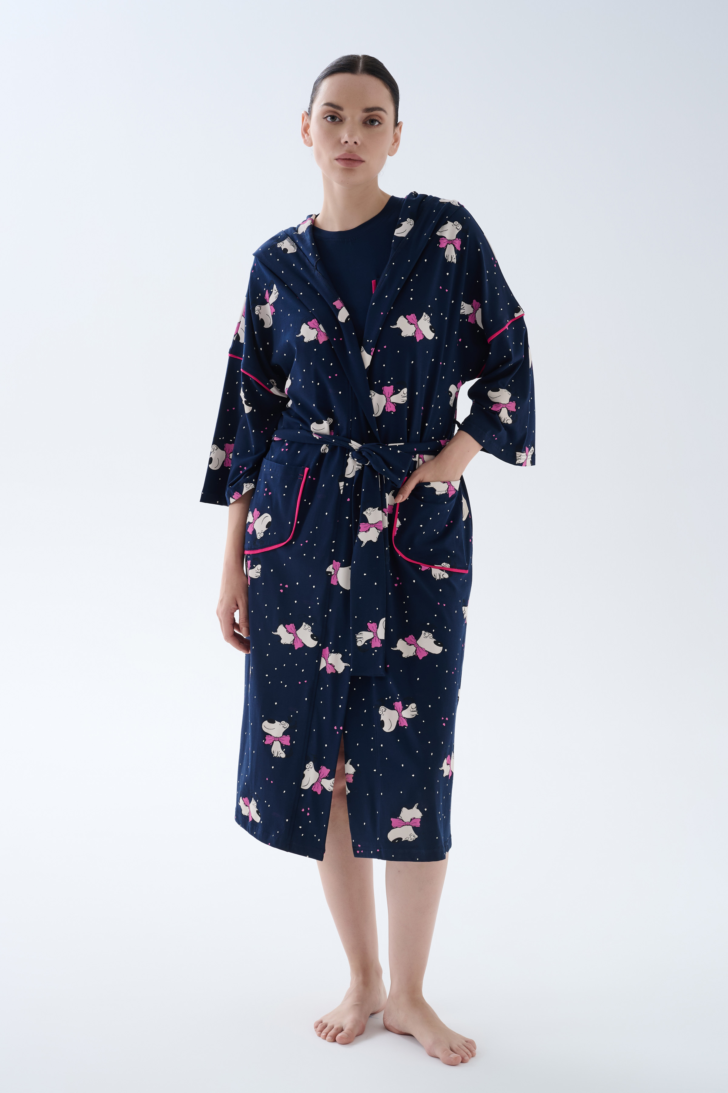 Kadın Pamuklu Cep Detaylı Kapüşonlu Sabahlık	