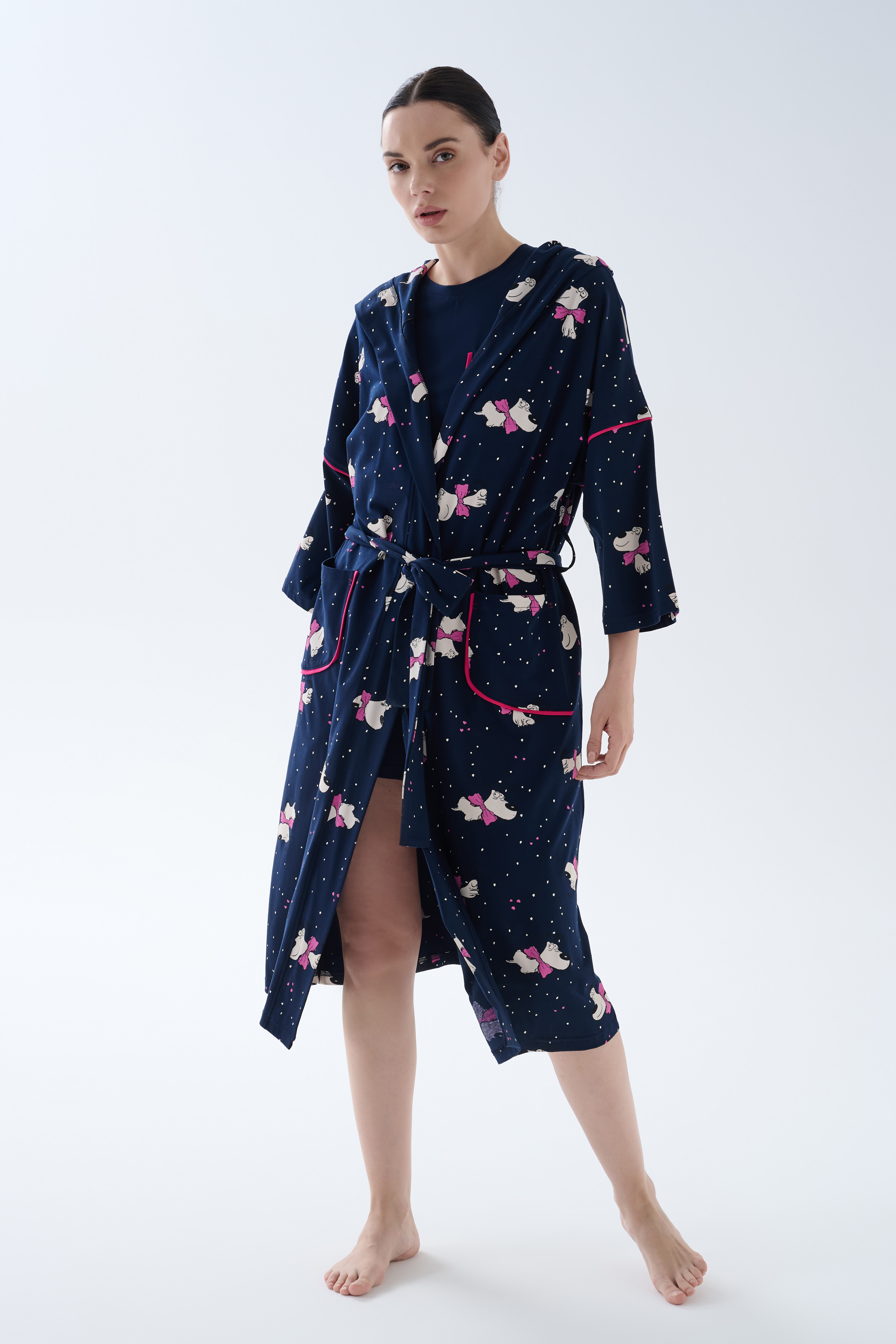 Kadın Pamuklu Cep Detaylı Kapüşonlu Sabahlık	