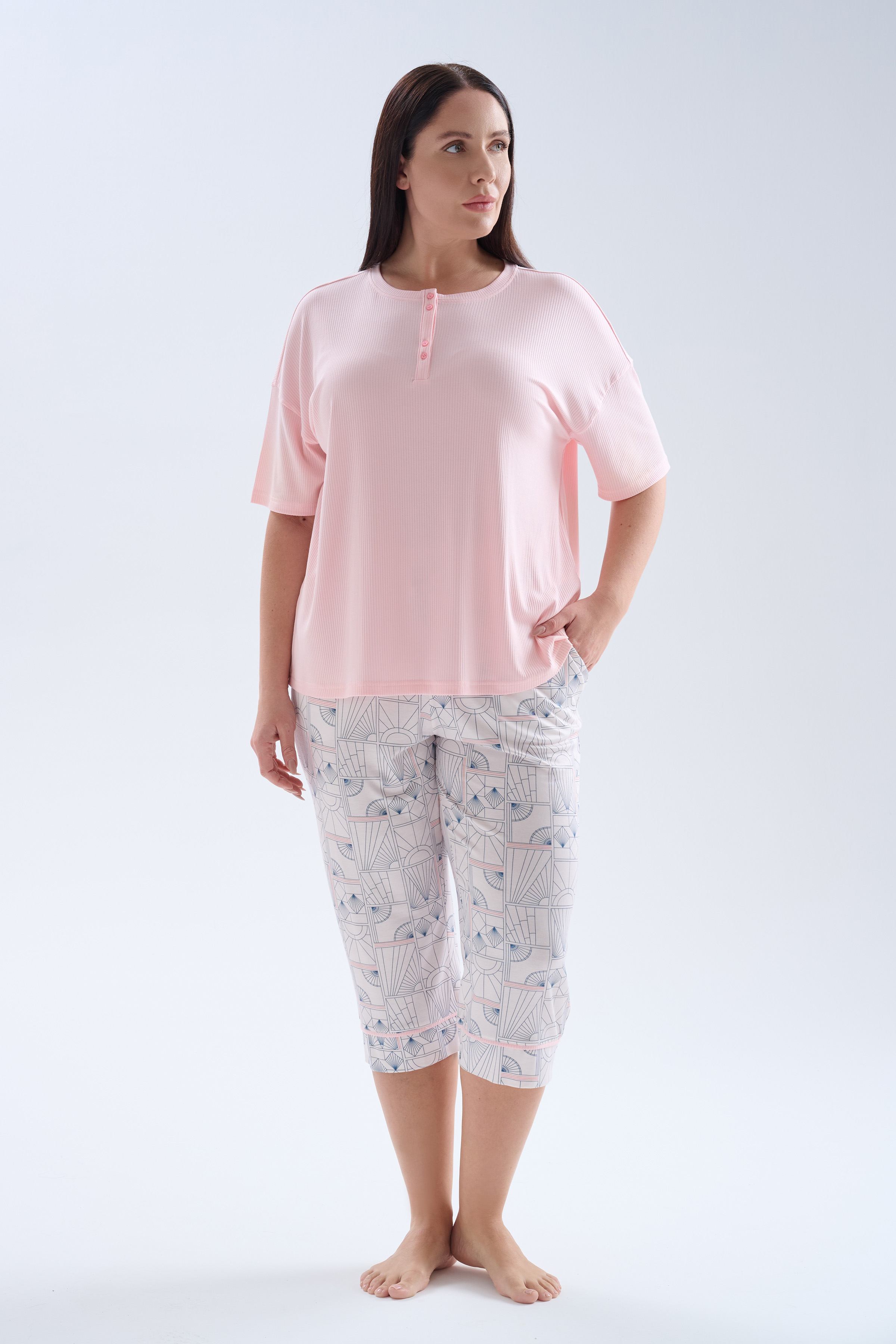 Kadın Plus Size Modal Kaşkorse Kısa Kollukapri Pijama Takımı	