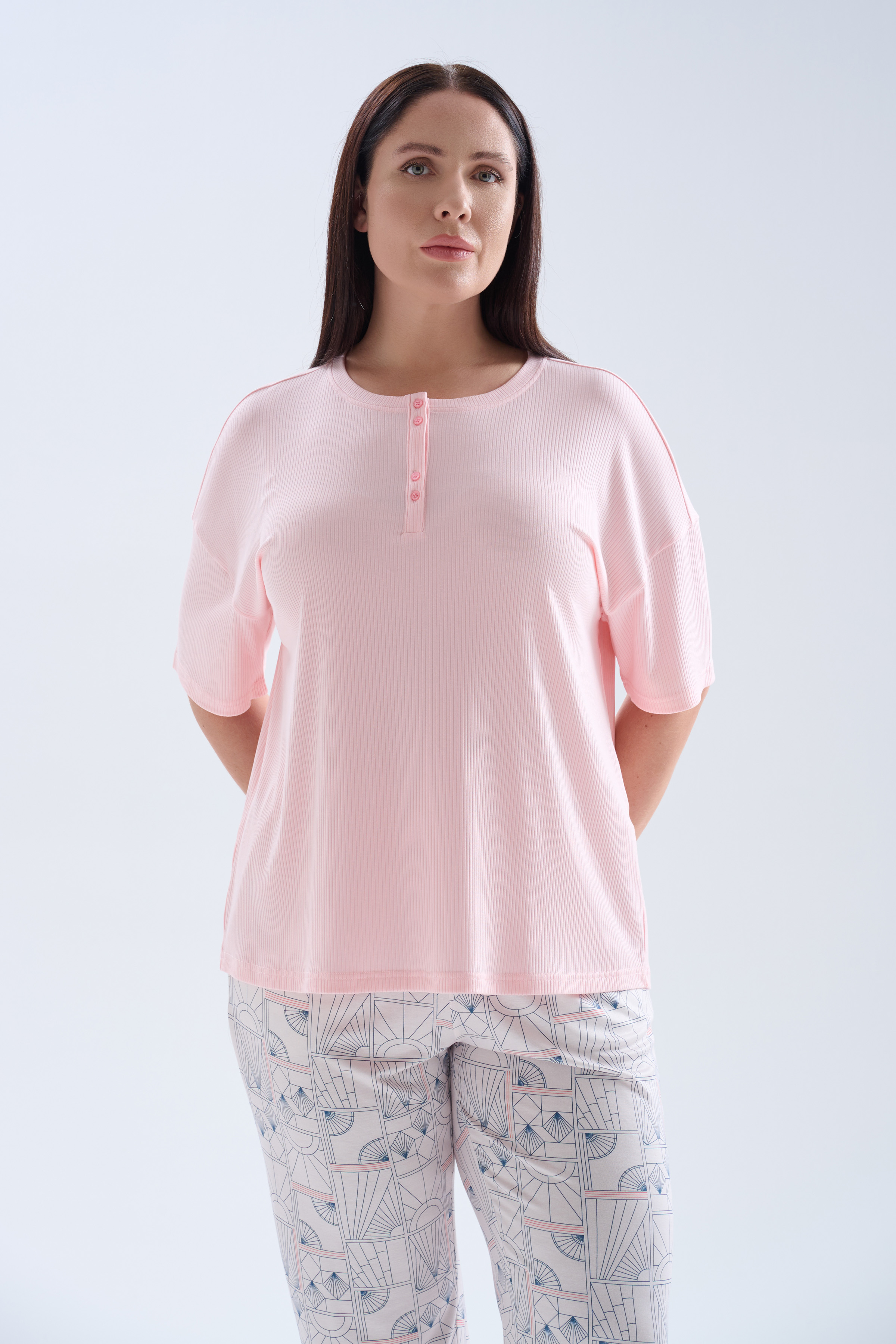 Kadın Plus Size Modal Kaşkorse Kısa Kollukapri Pijama Takımı	