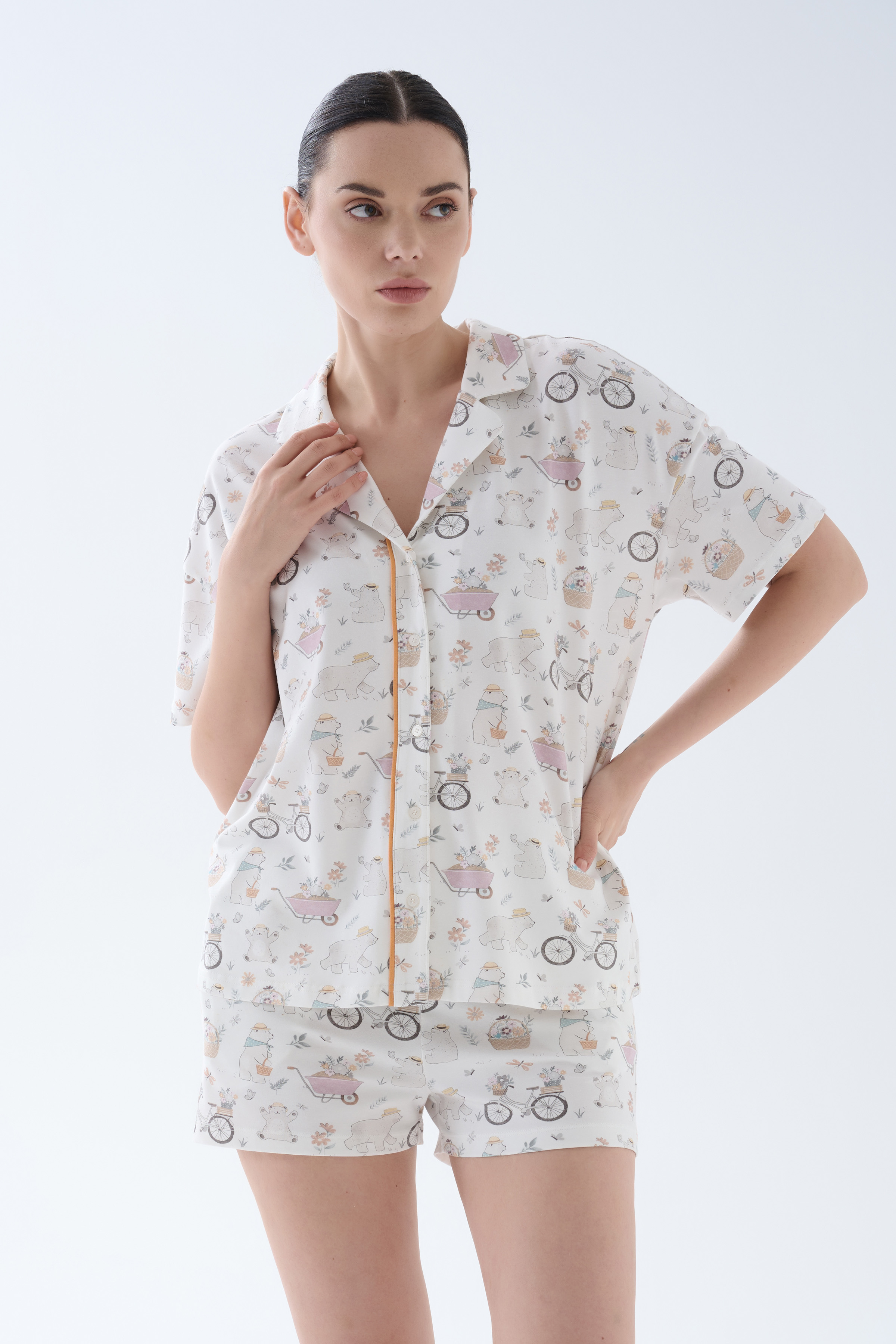 Kadın Pamuklu Kısa Kollu Gömlek Pijama Üstü