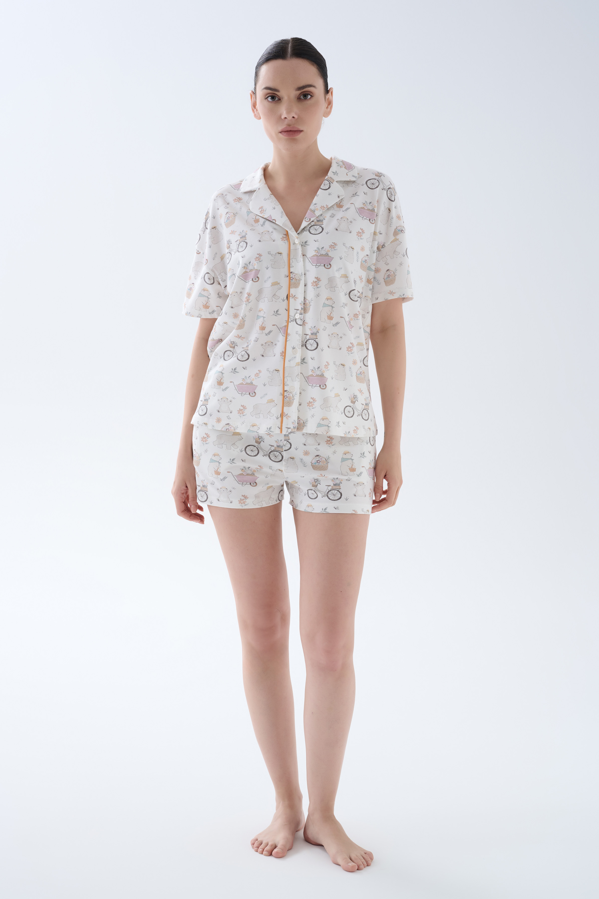 Kadın Pamuklu Kısa Kollu Gömlek Pijama Üstü