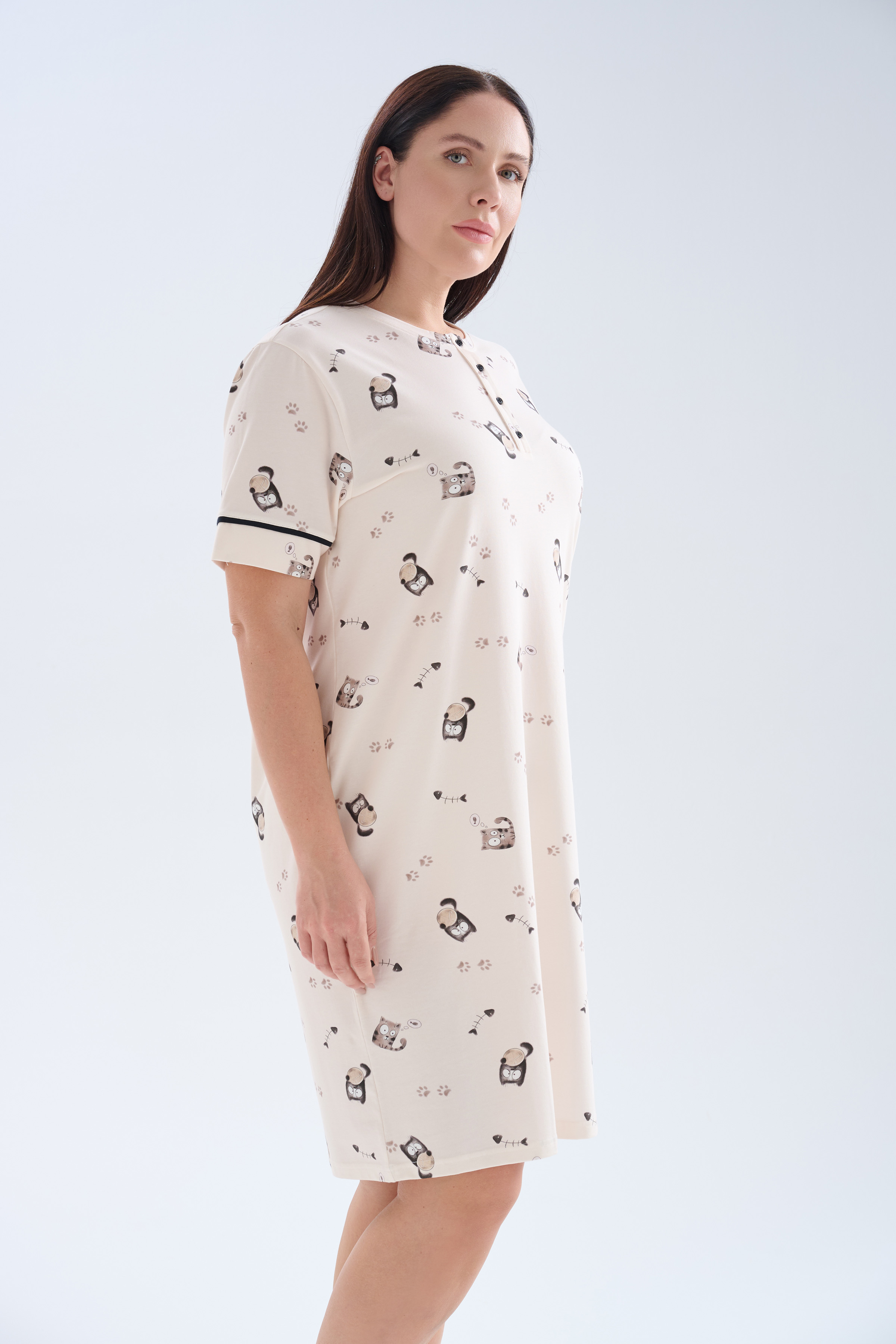 Kadın Plus Size Pamuklu Kısa Kollu Patlı Gecelik