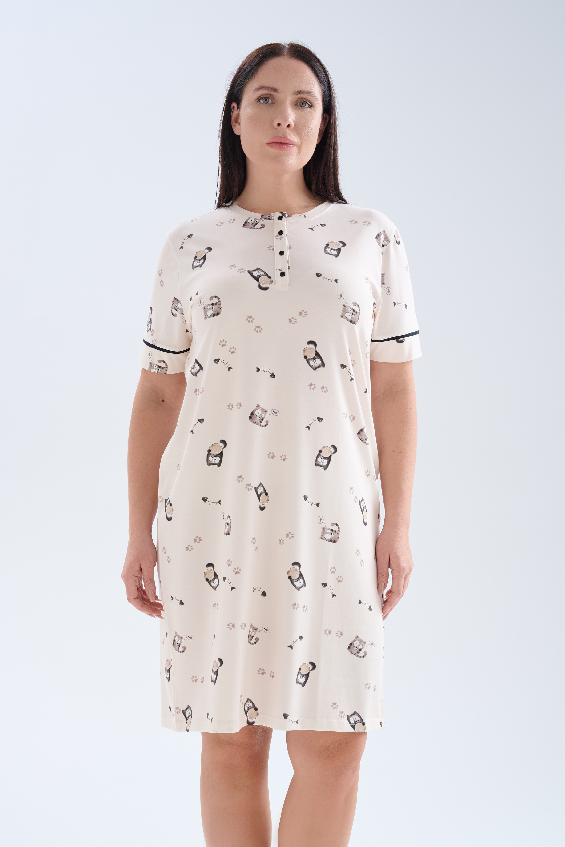 Kadın Plus Size Pamuklu Kısa Kollu Patlı Gecelik