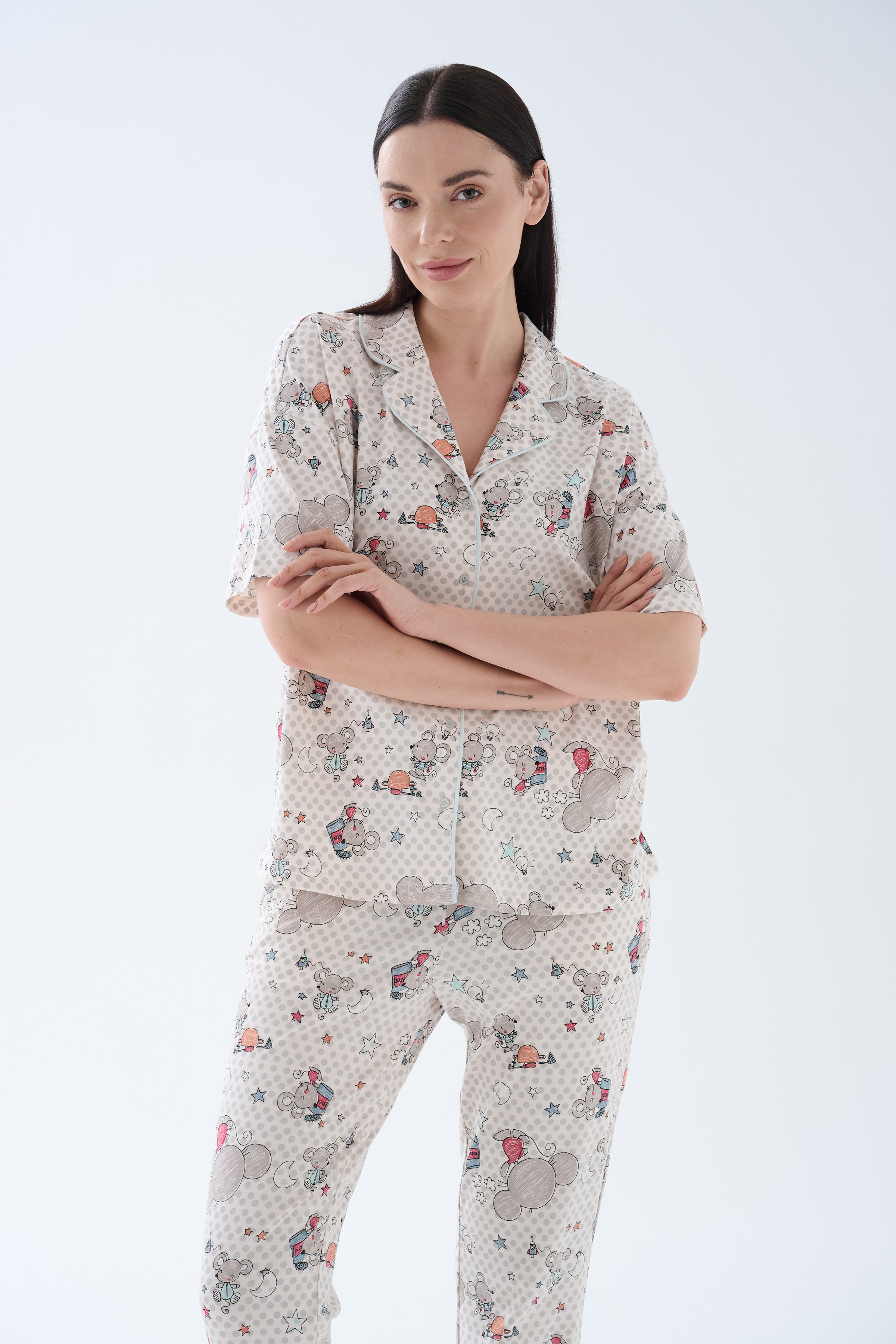 Kadın Pamuklu Kısa Kollu Gömlek Pijama Üstü