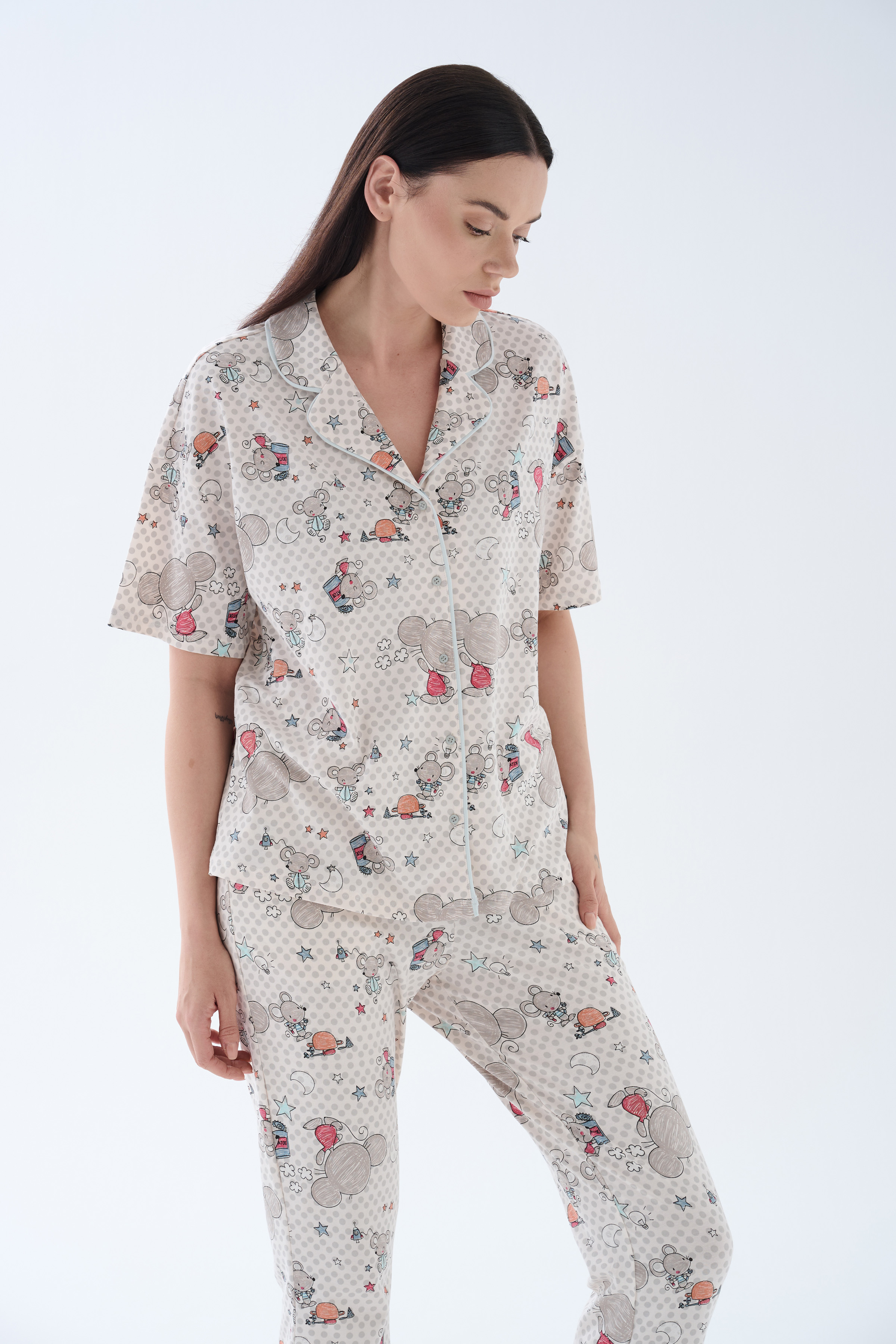 Kadın Pamuklu Kısa Kollu Gömlek Pijama Üstü