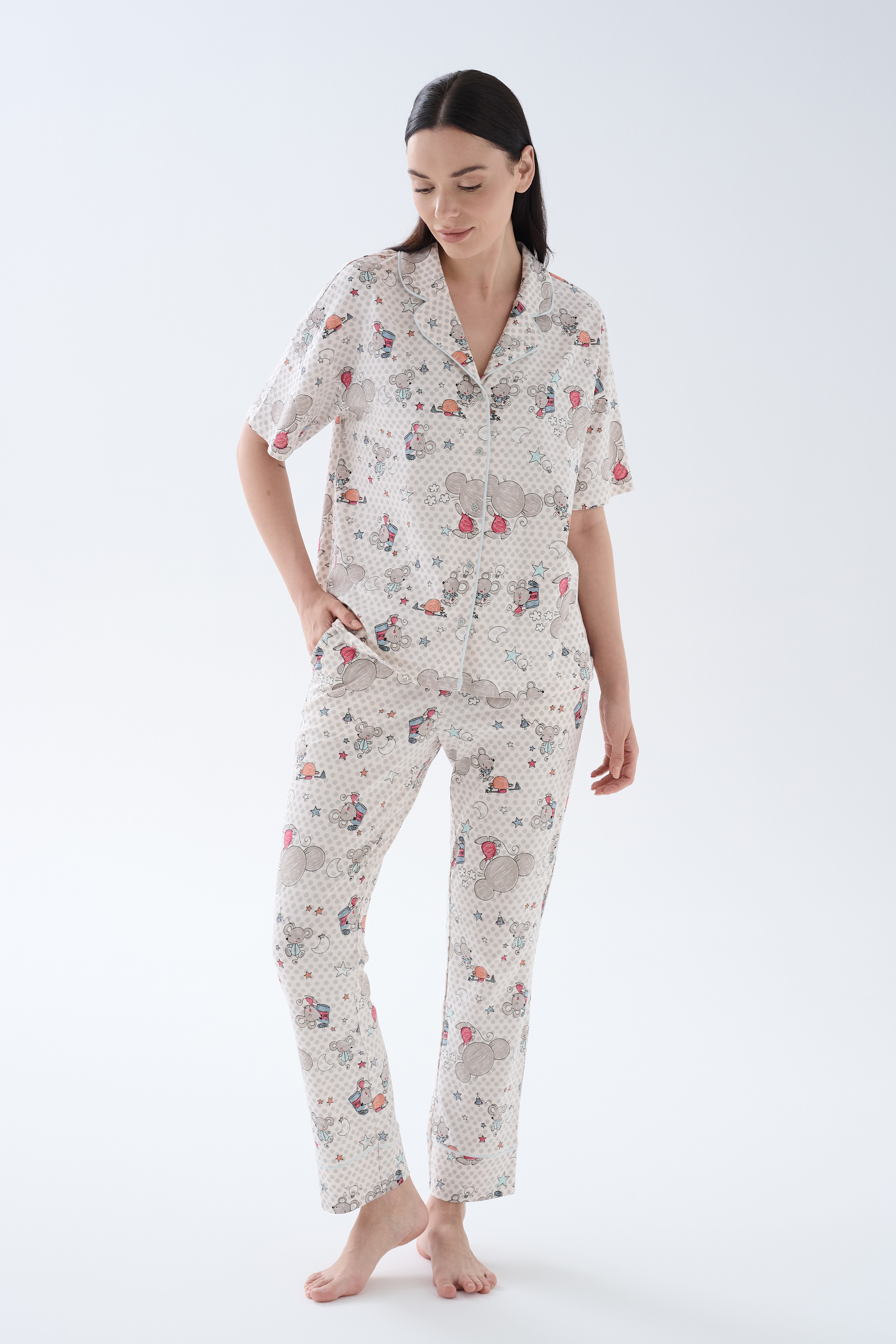 Kadın Pamuklu Kısa Kollu Gömlek Yaka Uzun Pijama Takımı