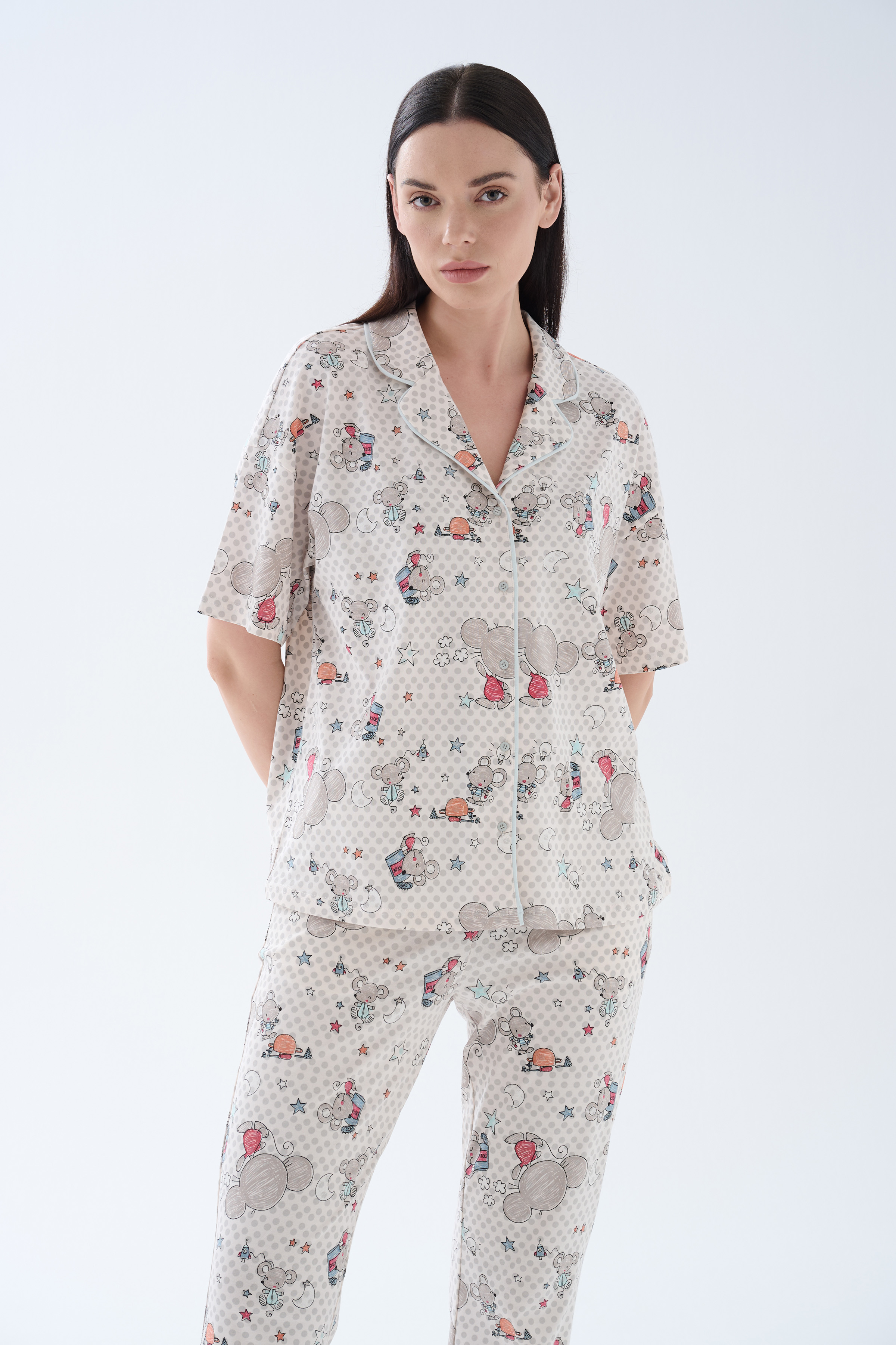 Kadın Pamuklu Kısa Kollu Gömlek Yaka Uzun Pijama Takımı