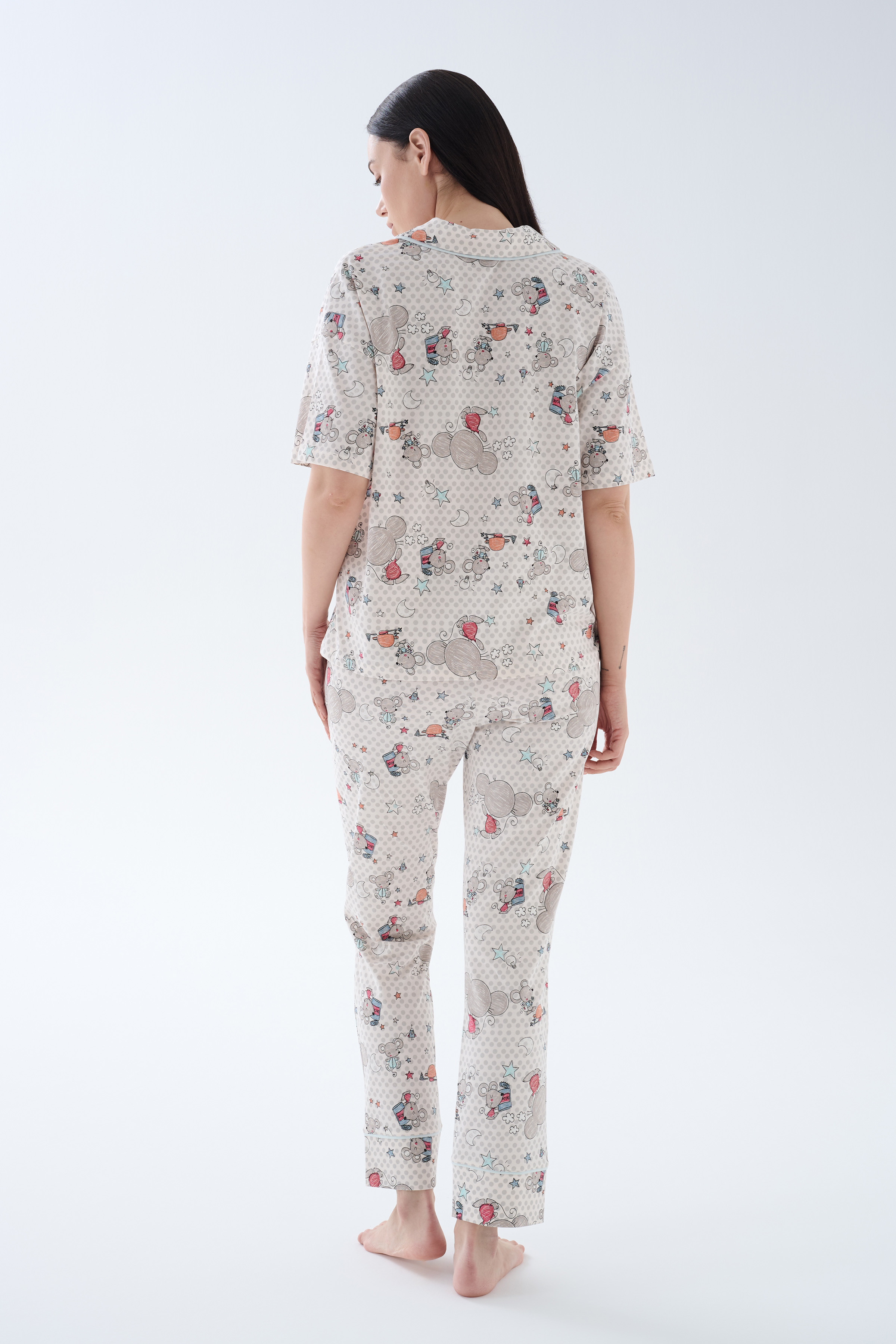 Kadın Pamuklu Kısa Kollu Gömlek Yaka Uzun Pijama Takımı