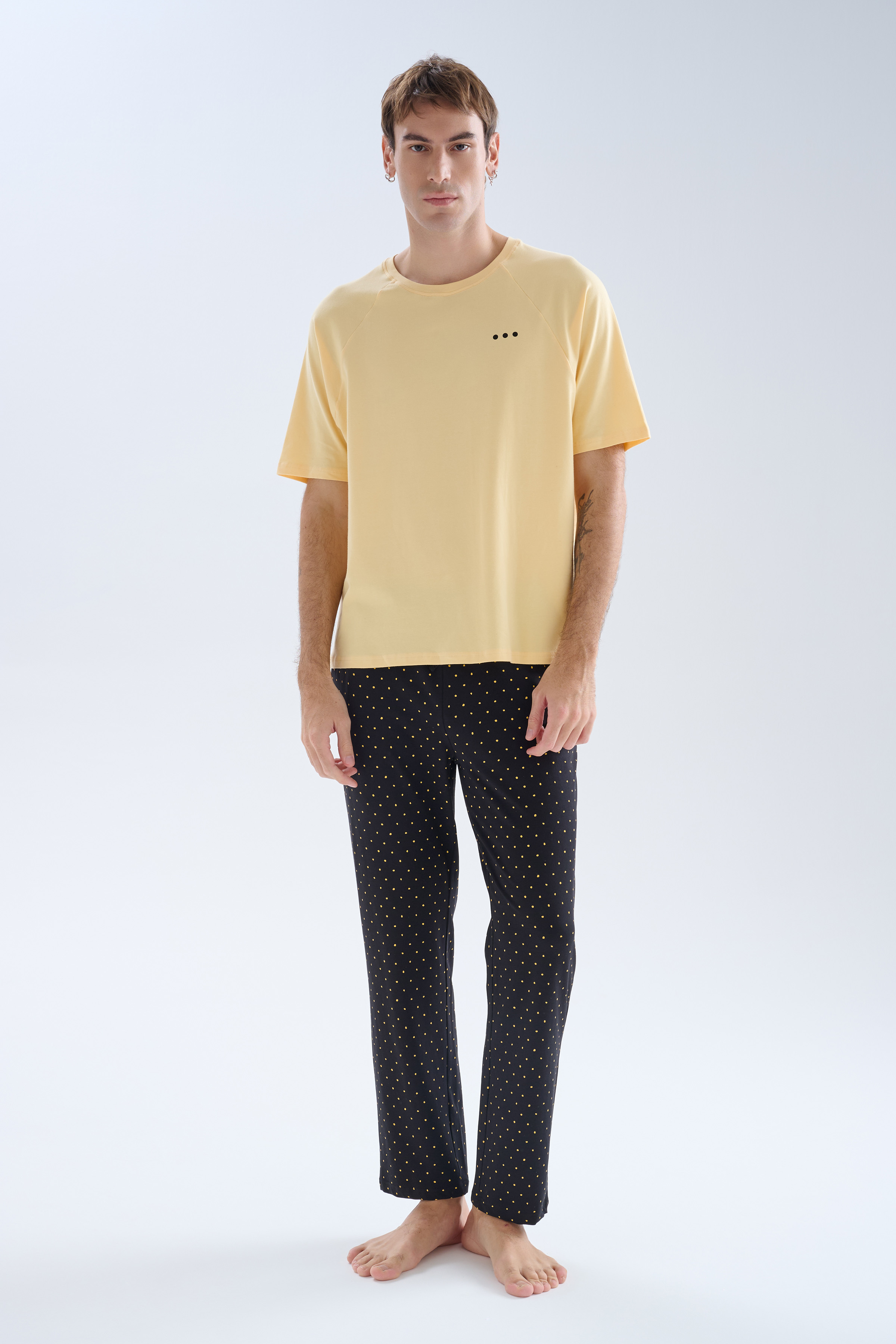 Erkek Pamuklu Kısa Kollu Uzun Pijama Takımı