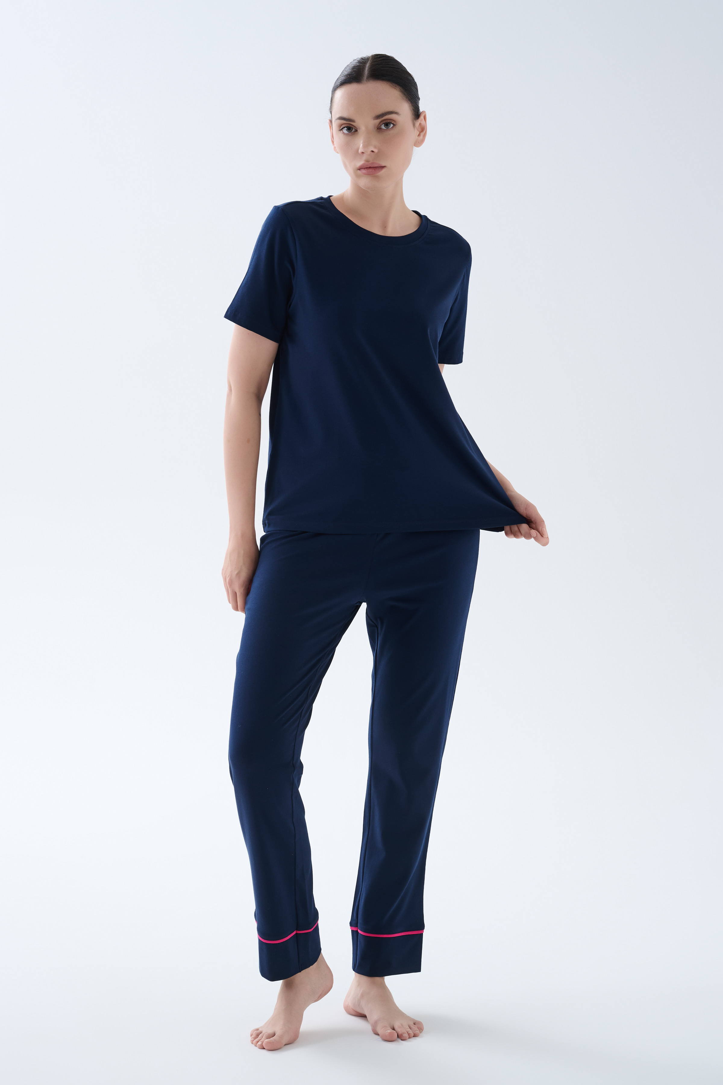 Kadın Pamuklu Kısa Kollu Uzun Pijama Takımı