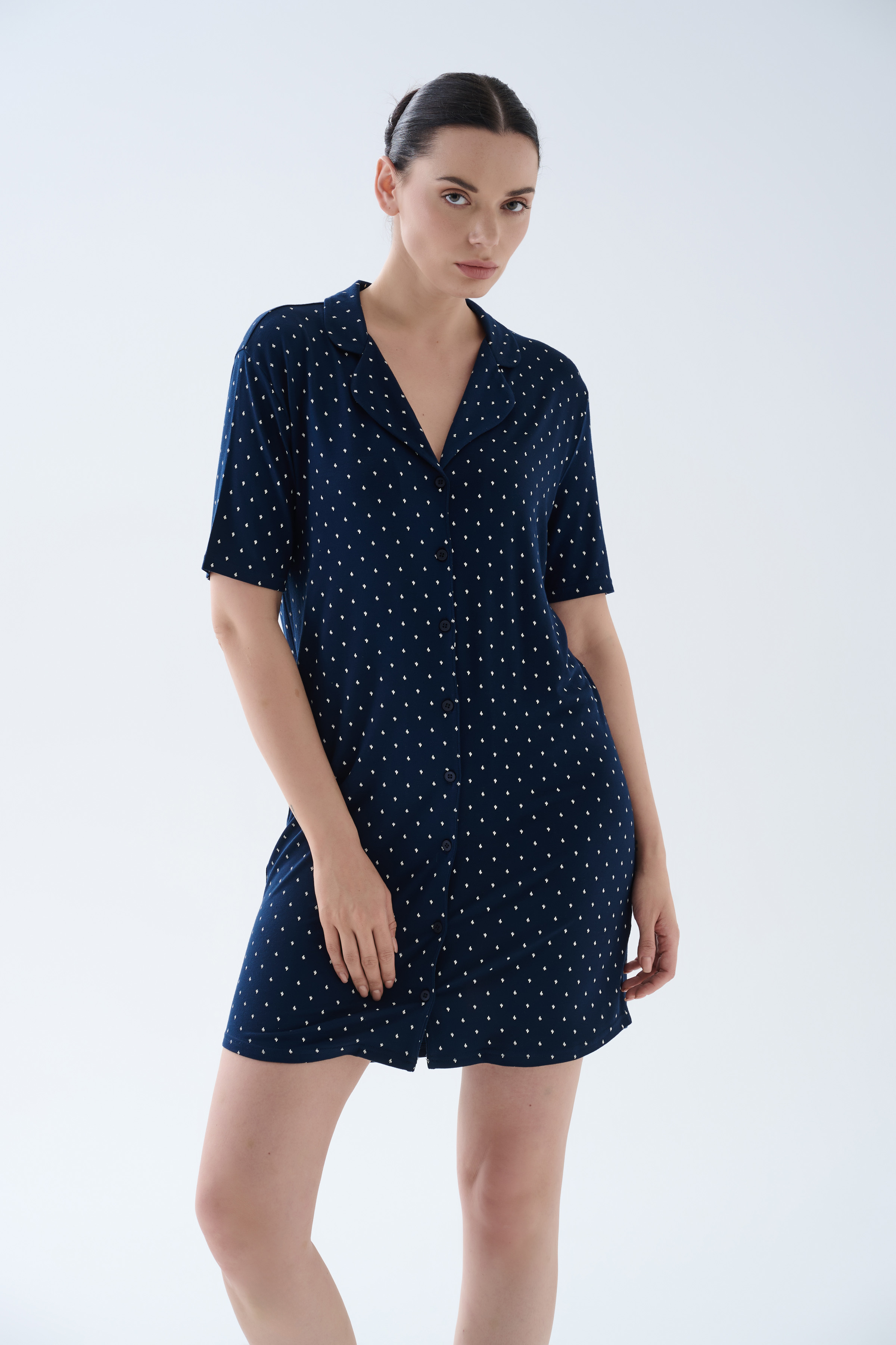 Kadın Viskoz Kısa Kollu Gömlek Yaka Gecelik